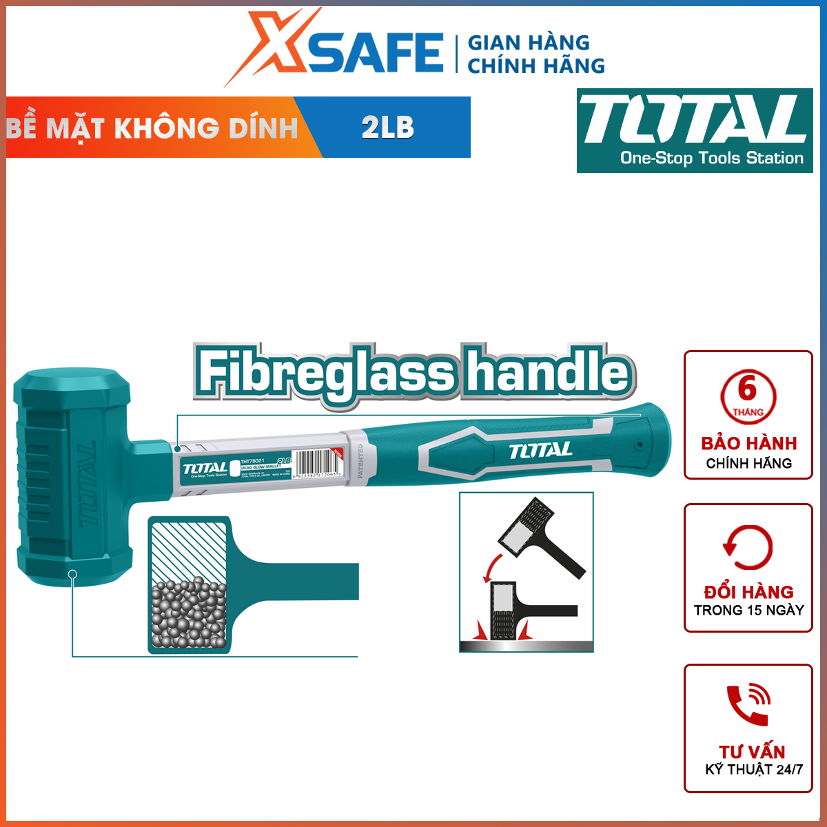 Búa cao su 2 đầu Total THT79021| búa nhựa 2 đầu tròn không nảy, cán nhựa chống trượt, không tạo lửa