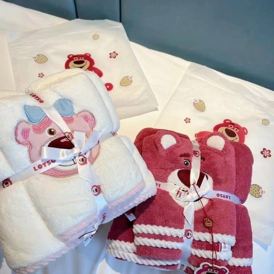 Set 2c khăn mặt + khăn tắm gấu lotso dâu tây siêu hot 0019