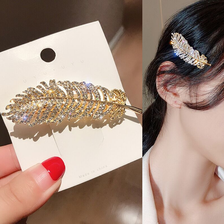 Kẹp tóc hình chiếc lá đính đá sang trọng cho các bữa tiệc hoặc đi chơi, phong cách hàn quốc đính đá xinh xắn
