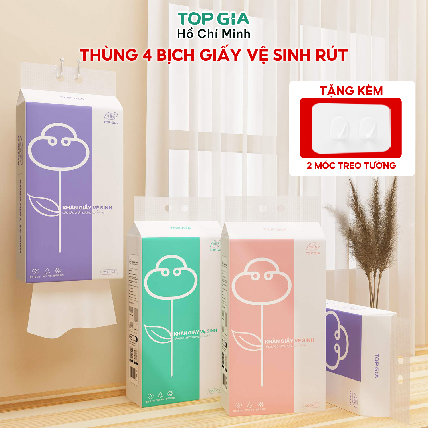 Giấy vệ sinh treo tường Top Gia thùng 6 bịch, khăn giấy làm từ bột gỗ nguyên chất, 1 bịch 1280 tờ 4 lớp dày dặn