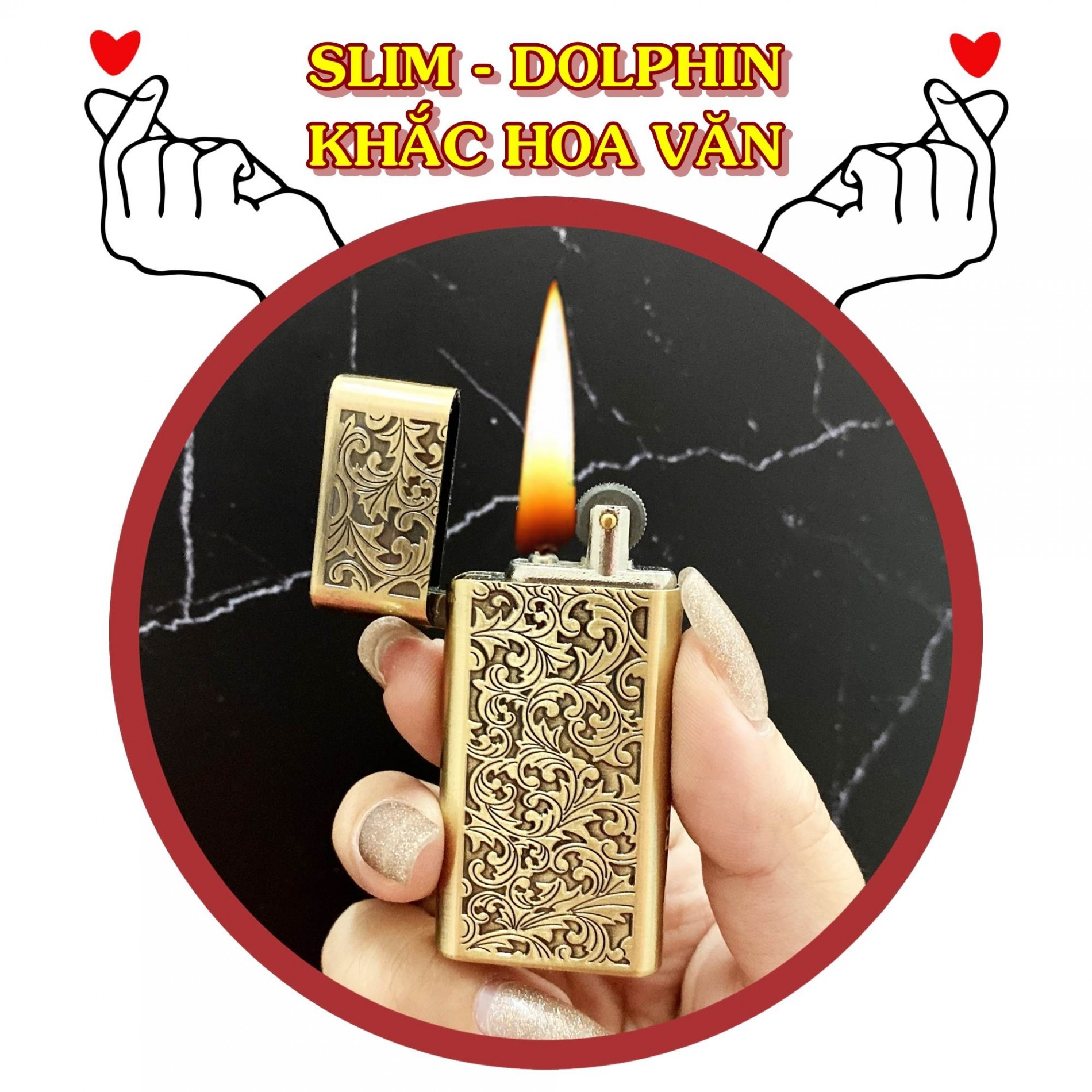 ( BẬT LỬA ĐỘC LẠ ) HỘT QUẸT SLIM DOLPHIN XĂNG ĐÁ CỔ 1 BÁNH XE KHẮC HOA VĂN
