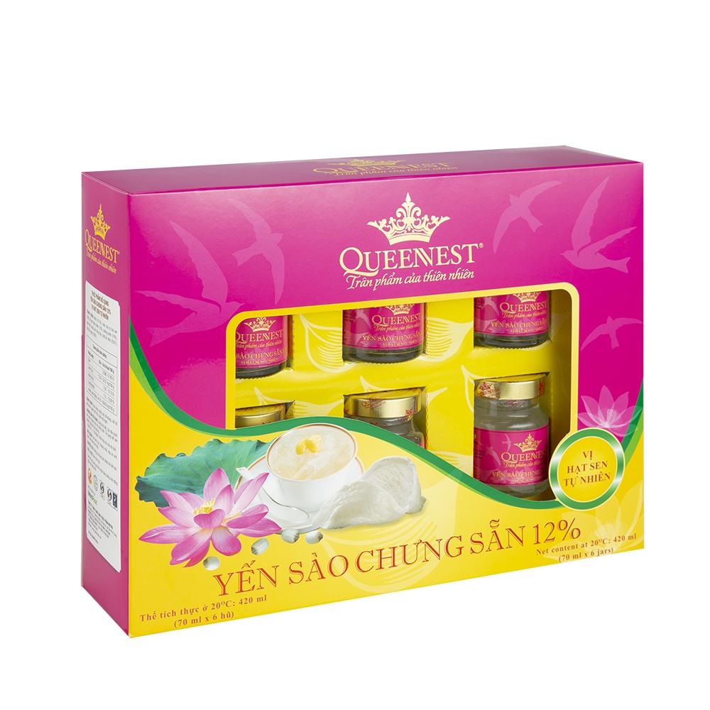 YẾN SÀO CHƯNG SẴN QUEENNEST 12% HƯƠNG SEN (HỘP 6 HŨ)