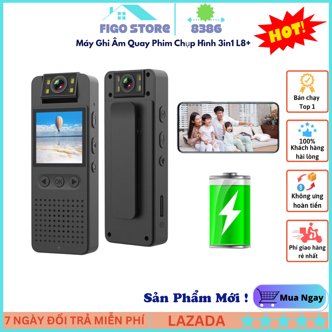{ New 2025 } Máy Ghi Âm Mini Siêu Nhỏ, Máy Ghi Âm Quay Phim Chụp Hình 3in1 L8+, Quay Phim Đa Năng, Thiết Bị Ghi Âm Kỹ Thuật Số, Hình ảnh Rõ Nét, Lọc Tiếng Ồn Tốt, Nhỏ Gọn Và Tiện Lợi, BH Tại FIGO 8386