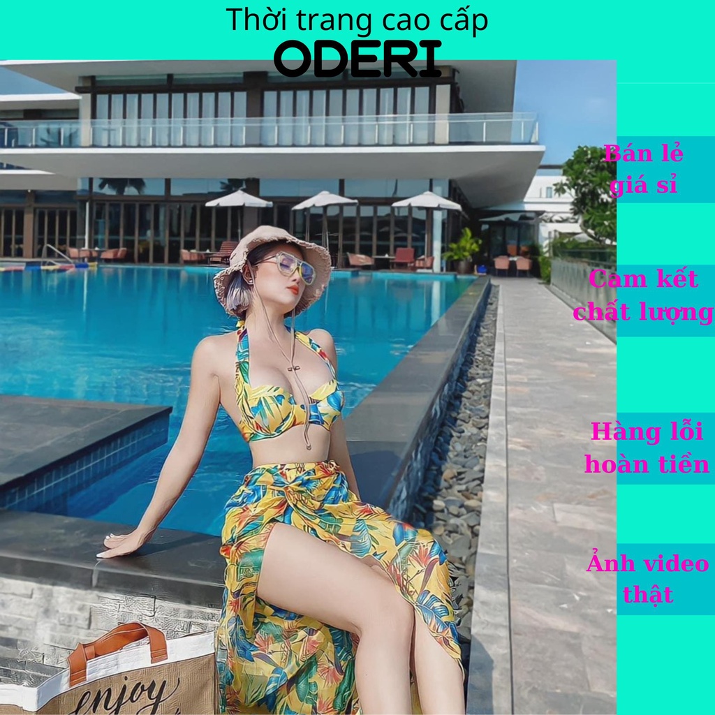 Đồ bơi đi biển, sét 3 món bikini kèm quây hoa vàng sexy sang chảnh oderi 505