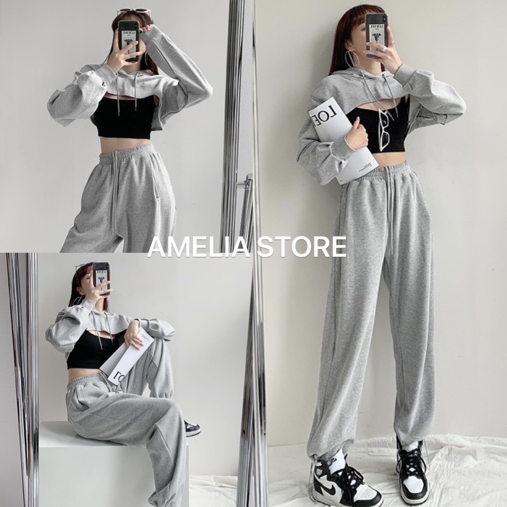 Sét bộ croptop 3 món, sét bộ thể thao unisex, sét áo croptop khoét ngực kèm quần jogger, sét áo crotop kèm áo 2 dây, sét bộ croptop hàn quốc, AMELIA, sét bộ đôg nữ, áo croptop dài tay, áo 2 dây, quần nỉ ống bom, quần nỉ bo ống