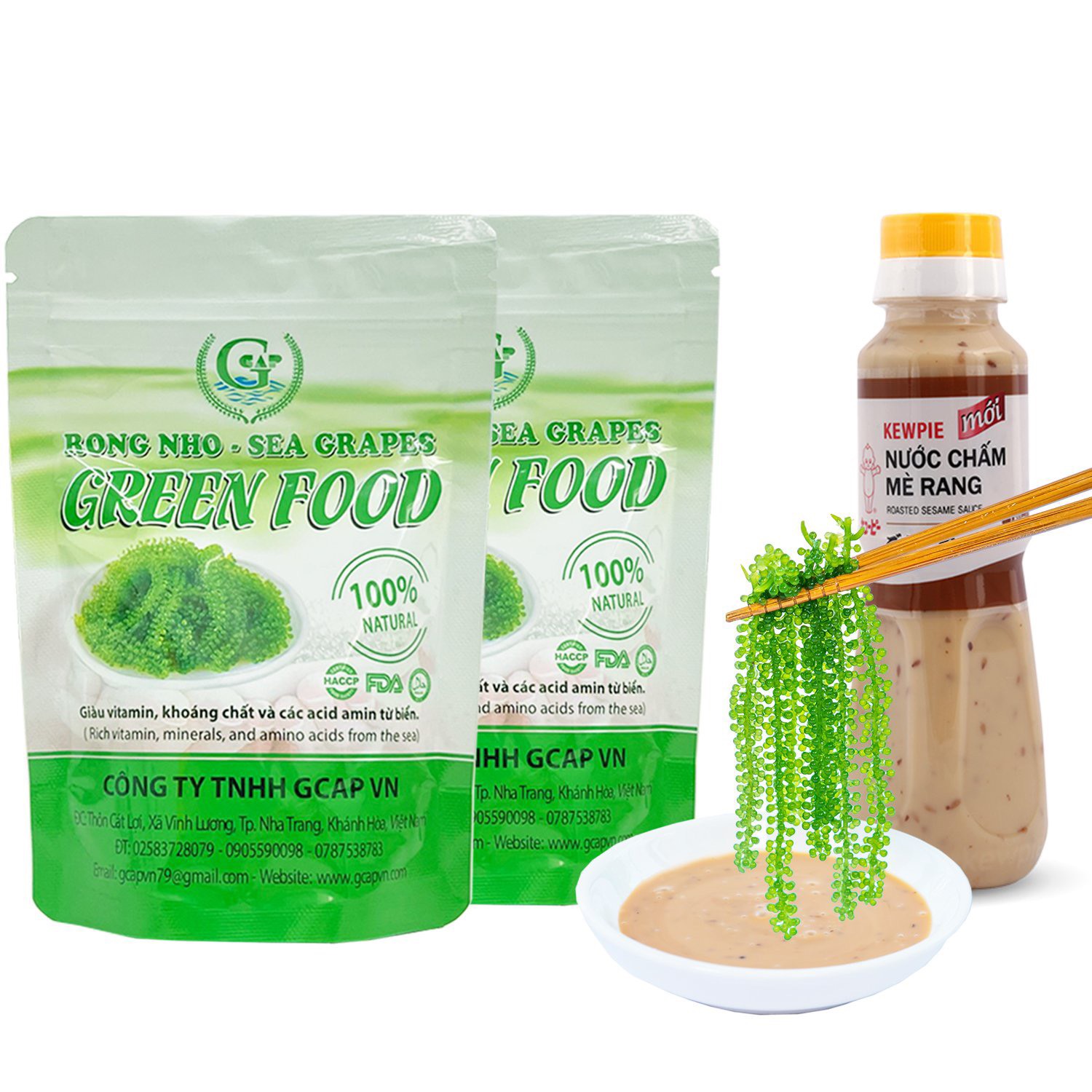 2 túi rong nho tách nước GREEN FOOD (mỗi túi 100 gram nở ra 250 - 300 gram rong tươi) + tặng kèm chai xốt 180 ml