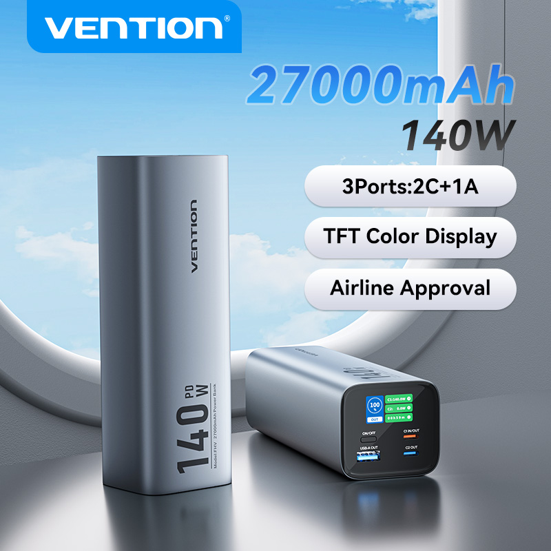 Vention 27000mAh Sạc Dự Phòng 140W Powerbank with Màn Hình LED 3 Cổng Charging dành cho Laptop MacBook iPhone 16 15 14 pro max Samsung S24 S23 Ultra Huawei Xiaomi Dễ Mang Power Bank Pin Dự Phòng