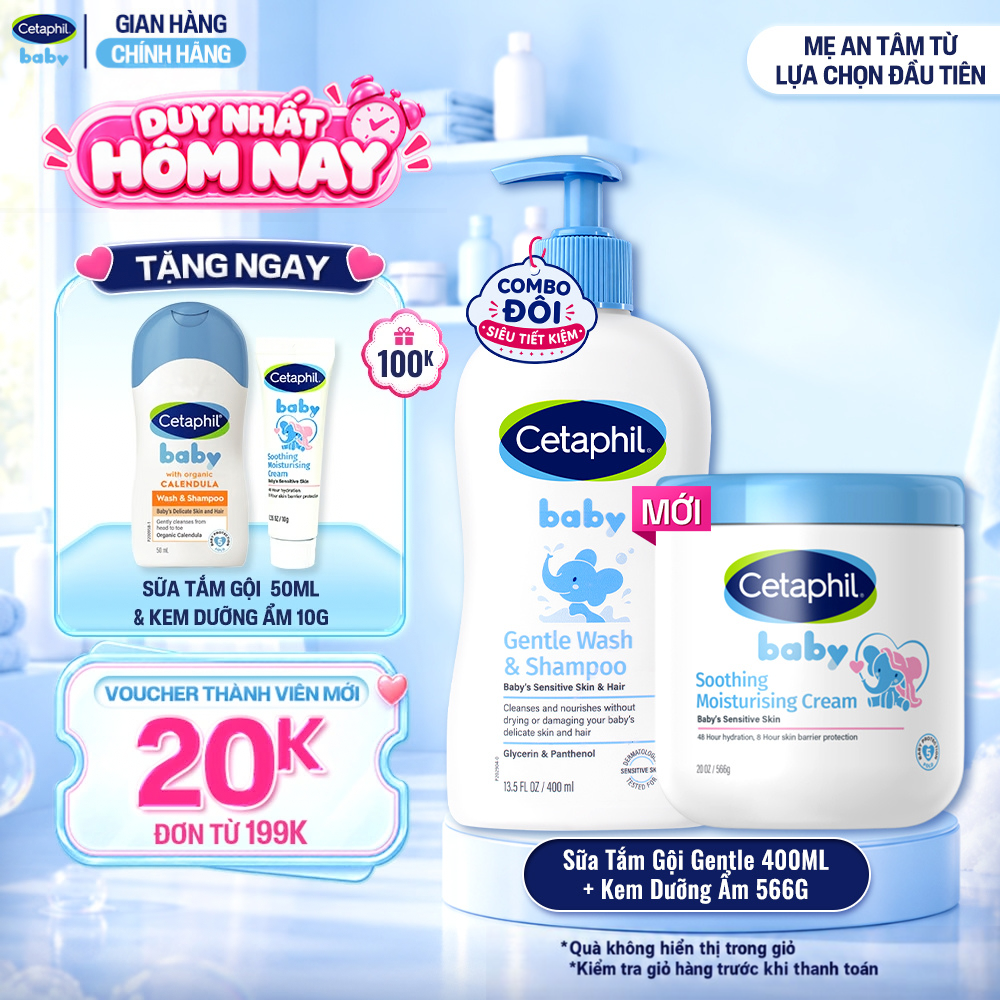 Combo Sữa tắm gội dịu lành cho bé CETAPHIL BABY GENTLE WASH  SHAMPOO 400ML  Kem làm dịu và dưỡng ẩm cho bé Cetaphil Baby Soothing  Moisturising Cream hũ 566g