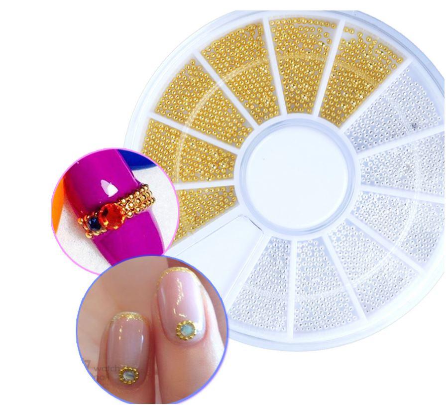 [HCM]Đá Bi Đính Móng Tay Mix Màu Trắng & Vàng Hộp Xoay