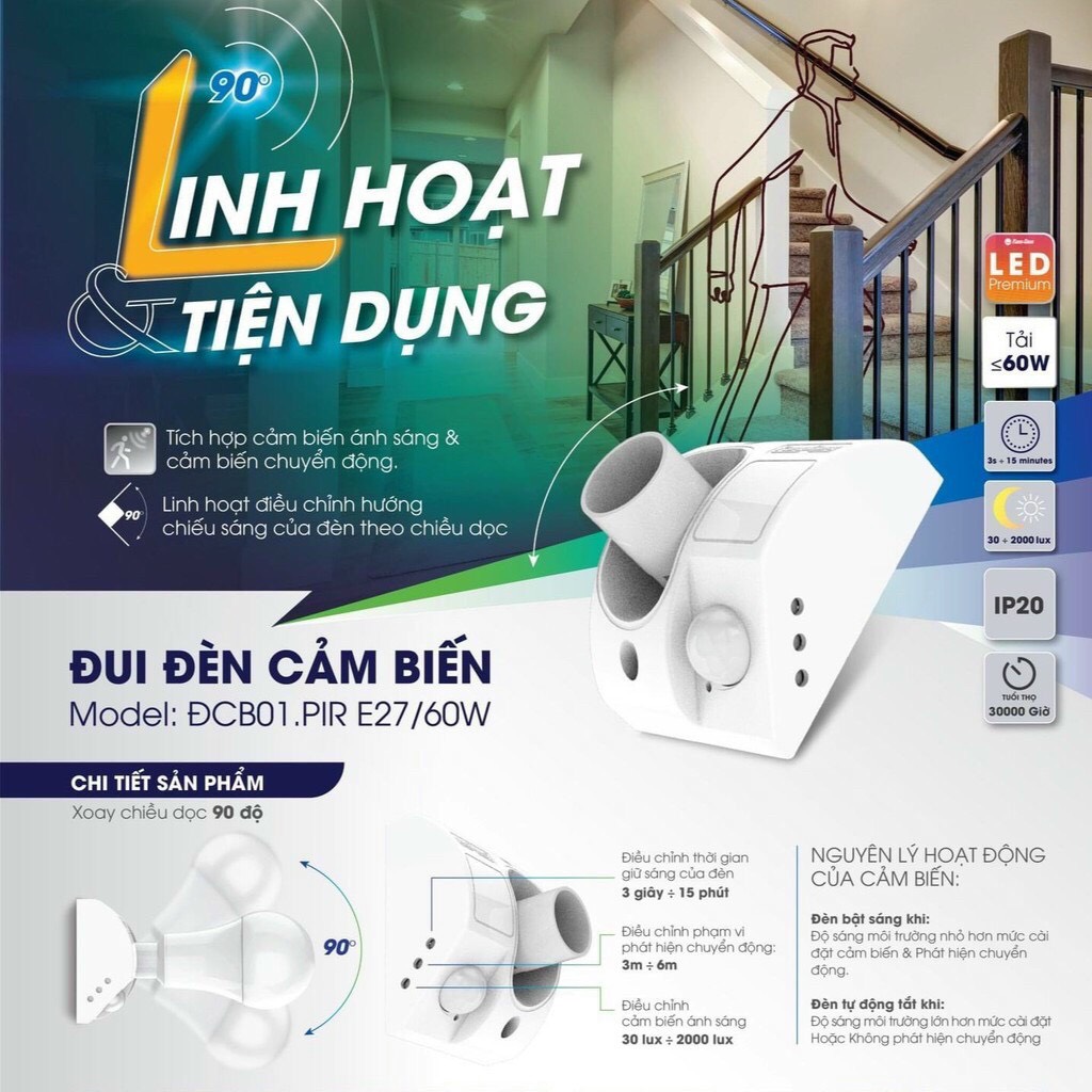 Đuôi đèn cảm ứng chuyển động Rạng Đông hồng ngoại thân thiệt