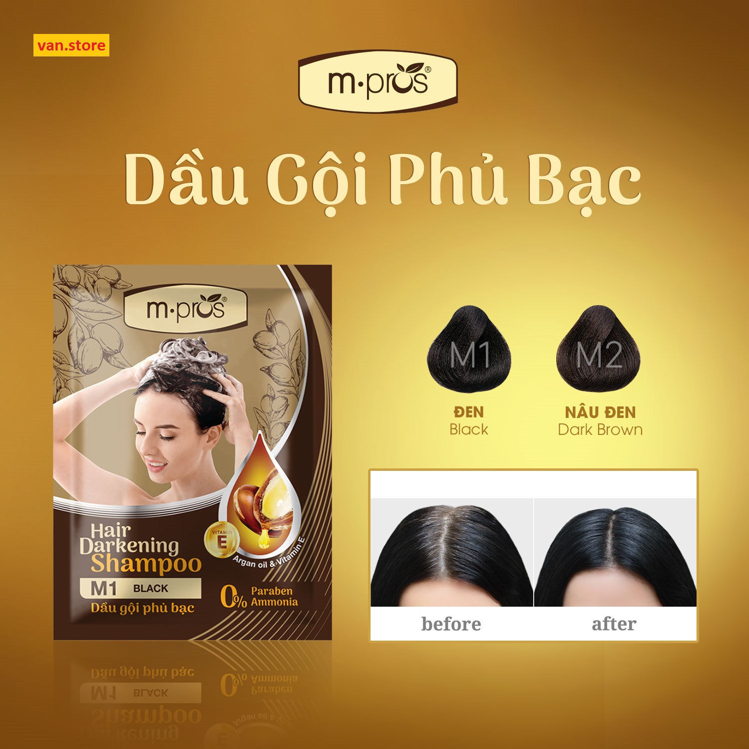Dầu Gội Nhuộm Tóc Phủ Bạc Thảo Dược M.PROS 25ml - Tặng Kèm Bao Tay Nilon - ĐEN/ NÂU
