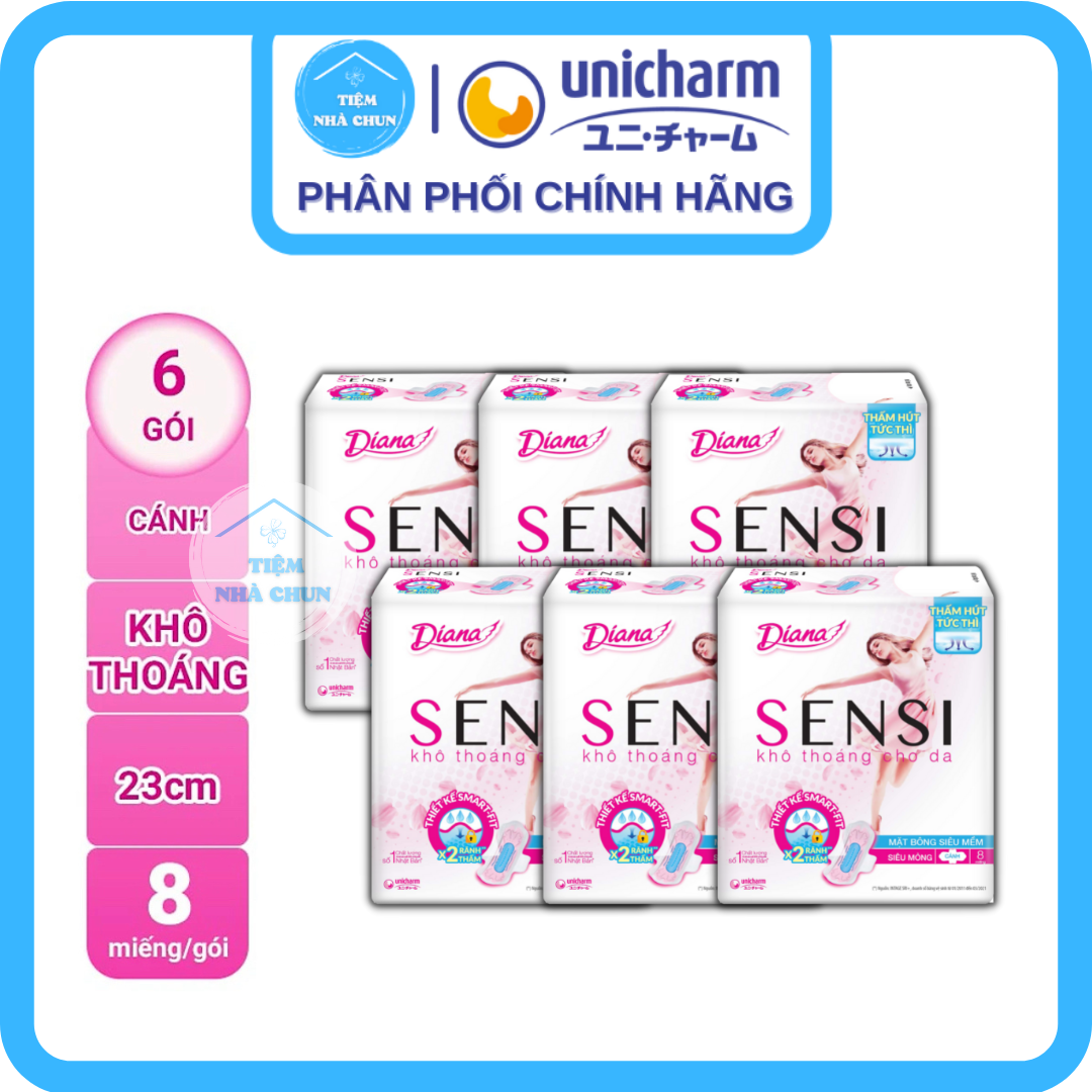 Lốc 6 gói 8 miếng băng vệ sinh diana sensi trắng siêu mỏng cánh 23cm - mặt bông siêu mềm - tiệm nhà chun - tiemnhachun
