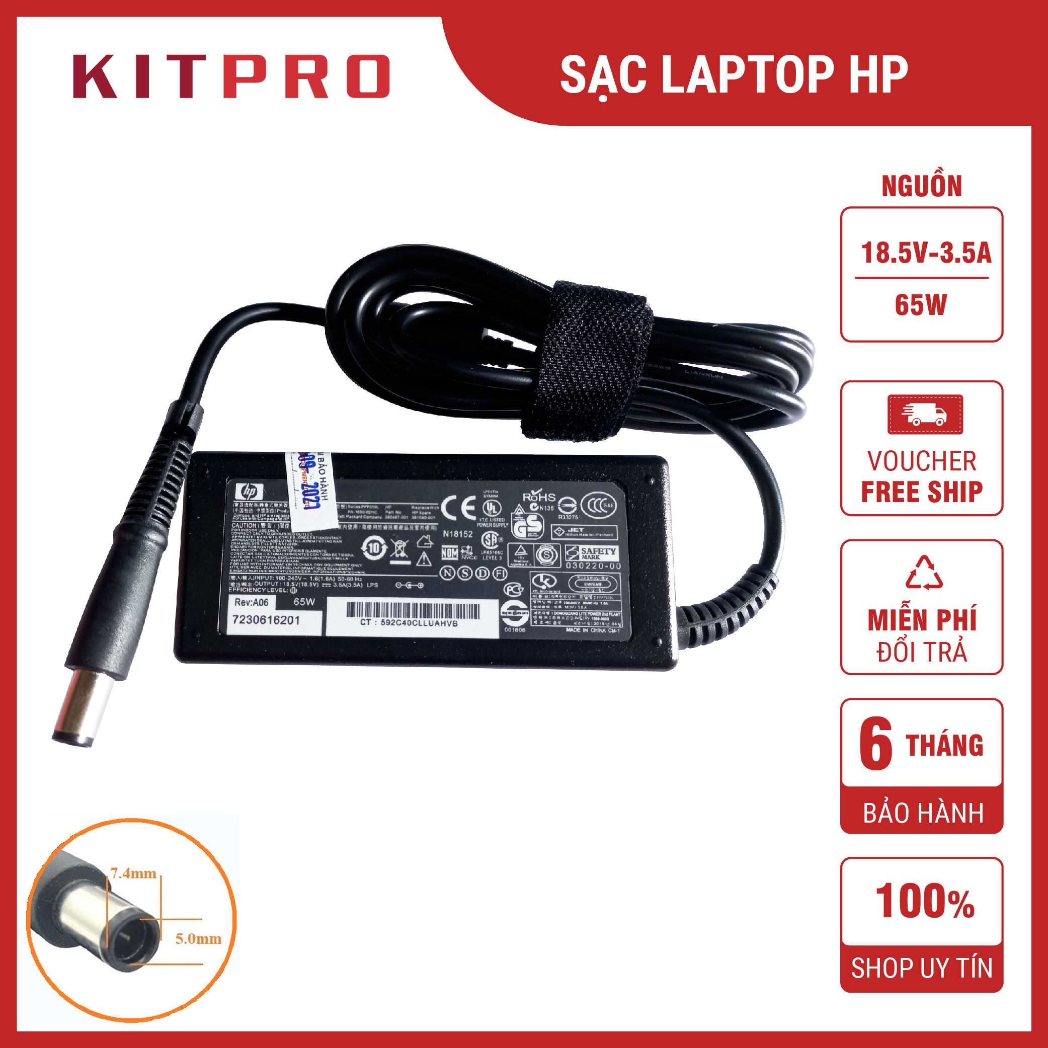 Cục sạc laptop HP đầu to dây sạc cho máy tính HP Compaq 19V 4.74A 90W / 18.5V 3.5A 65W chuôi lớn 7.4 x 5.0mm ship hỏa tốc KITPRO