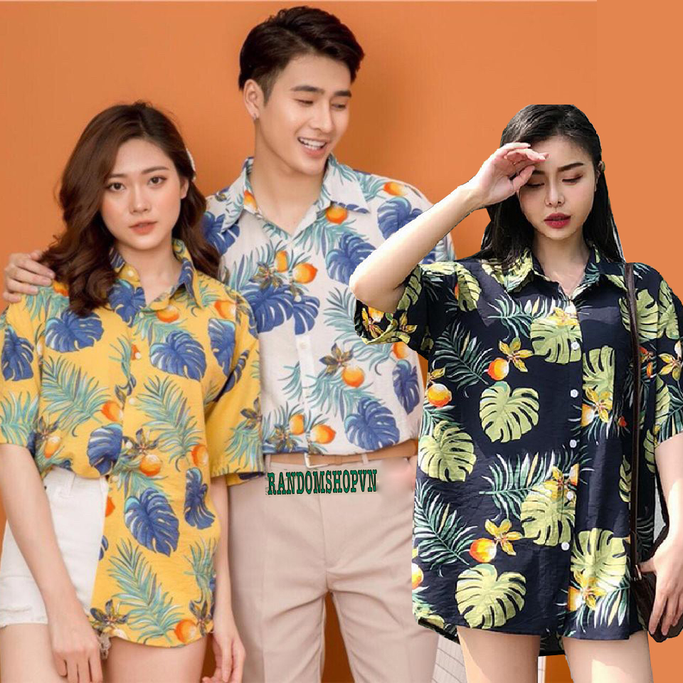 Áo sơ mi hawaii đi biển họa tiết quả đào thích hợp mặc nhóm đi biển, đồng phục đi biển