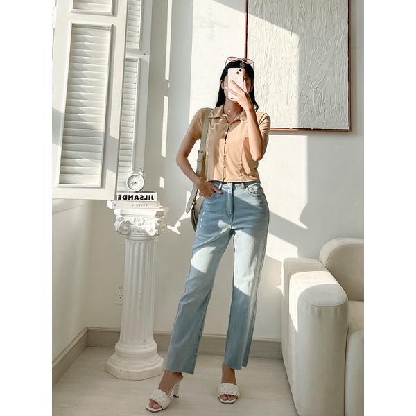 Quần jean suông cắt lai ống rộng mieu - ja19