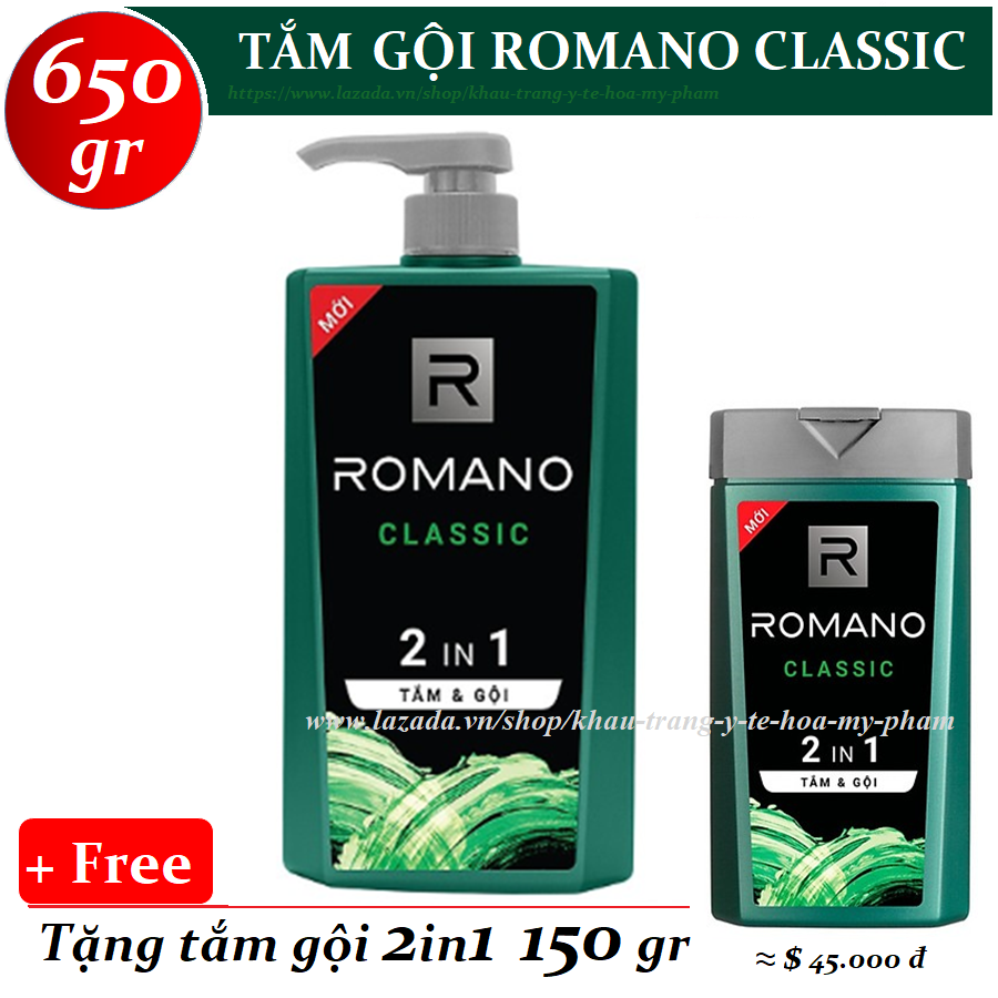 [HCM]Romano - Tắm gội 2 trong 1 Classic 650 gr + Tặng tắm gội toàn thân 2in1 150 gr