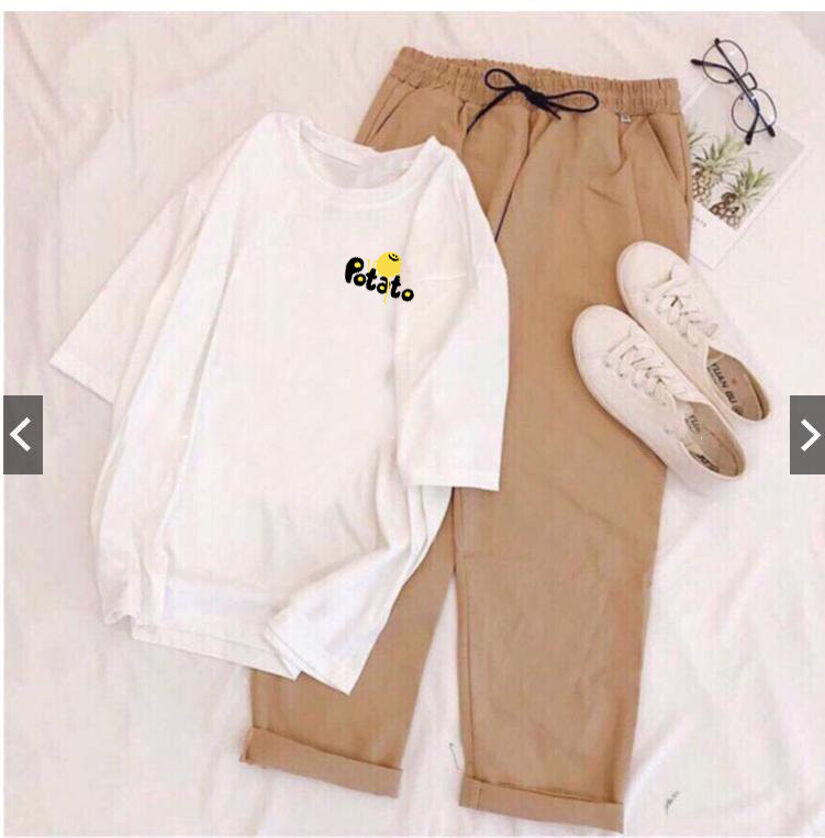 Quần áo nữ, set áo in logo chữ potato kèm quần kaki