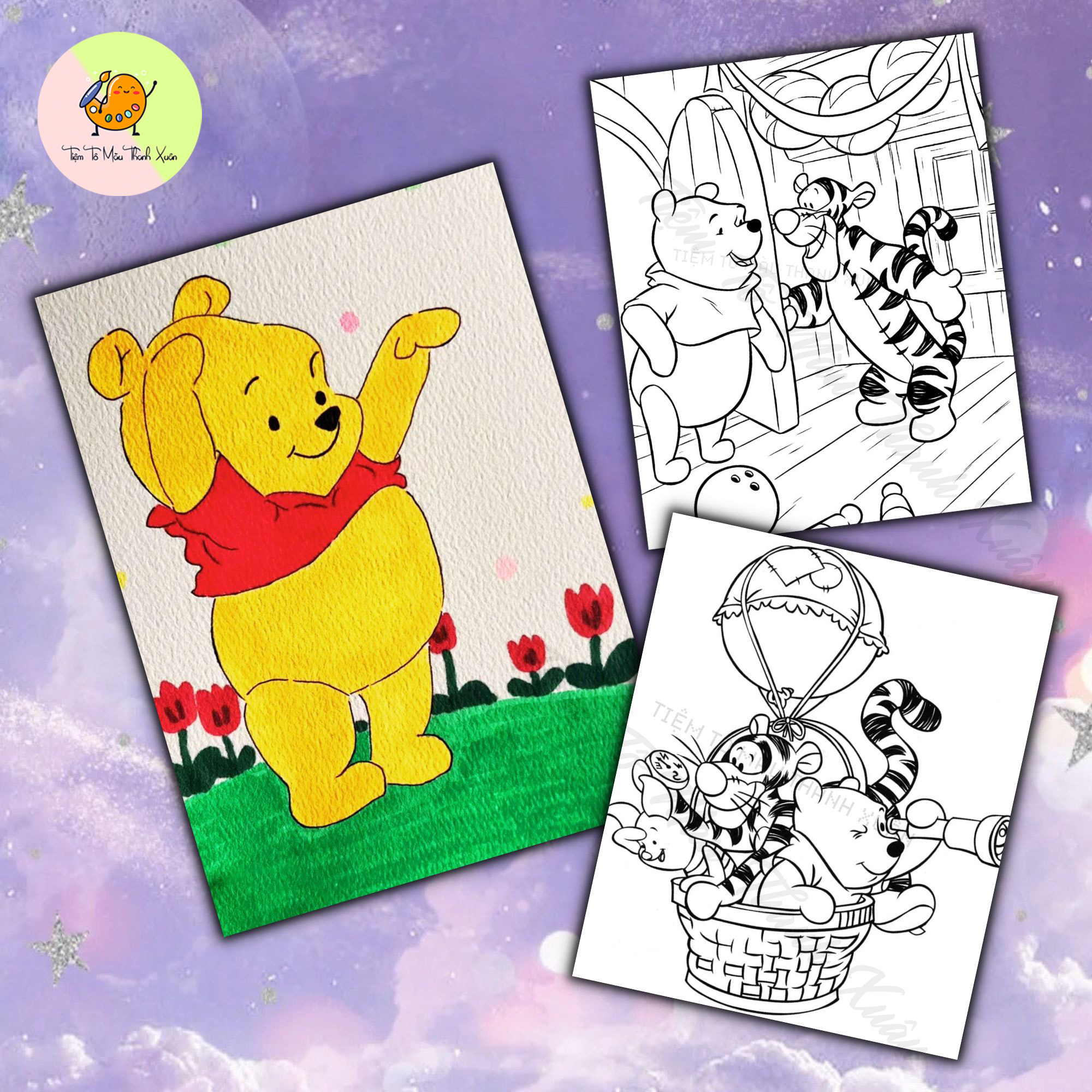 [TX15] Set 20 Tờ Tranh Tô Màu Hình Gấu Pooh Xinh Xắn Kích Thước A5 Tô Màu Sáp, Màu Chì - Tiệm Tô Màu Thanh Xuân