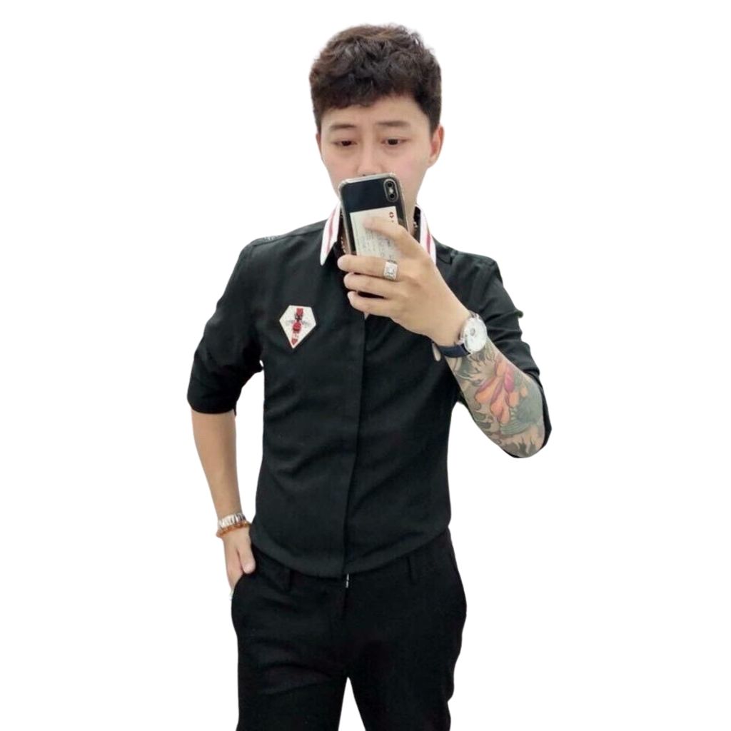 Áo sơ mi nam chất lụa không nhăn họa tiêt logo thêu ong