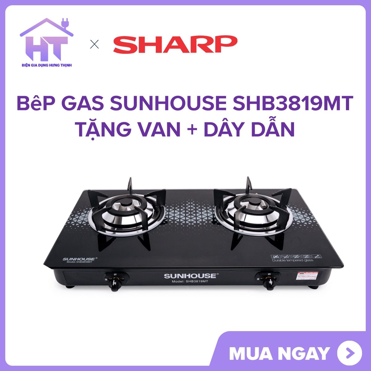 Bếp gas Sunhouse SHB3819MT Hàng trưng bày + Tặng dây gas- Bảo Hành 12 tháng Chính Hãng