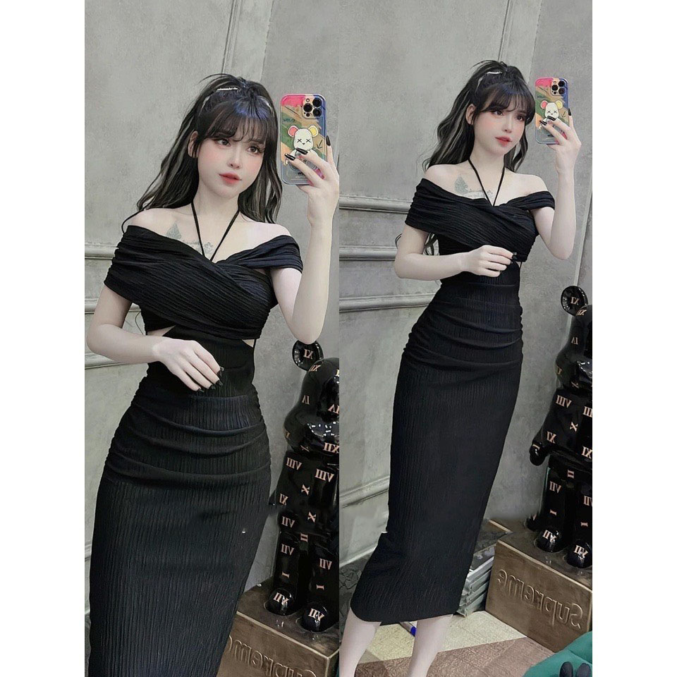 Đầm xốp lệch vai dáng dài ôm body siêu hot