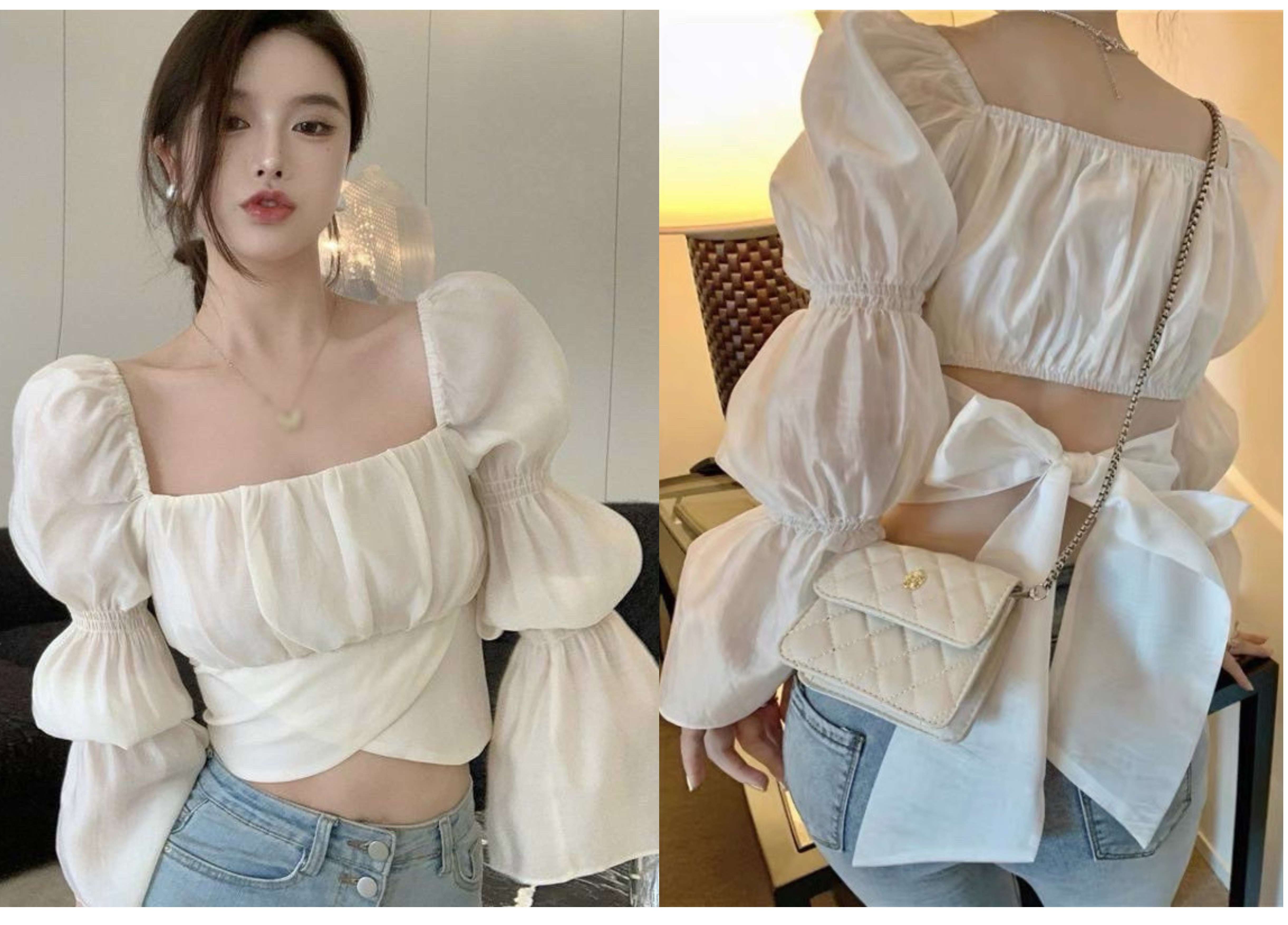 Áo Kiểu Cổ Vuông Tay Bo Cột Nơ Sau Cực Xinh M7 / Áo Kiểu Nữ Thắt Nơ Phía Sau