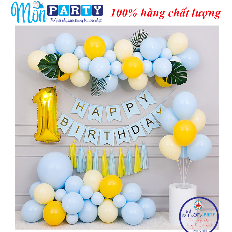 Bóng sinh nhật cho bé trai, trang trí sinh nhật tại nhà đơn giản tone màu xanh pastel tặng kèm bơm, băng dính