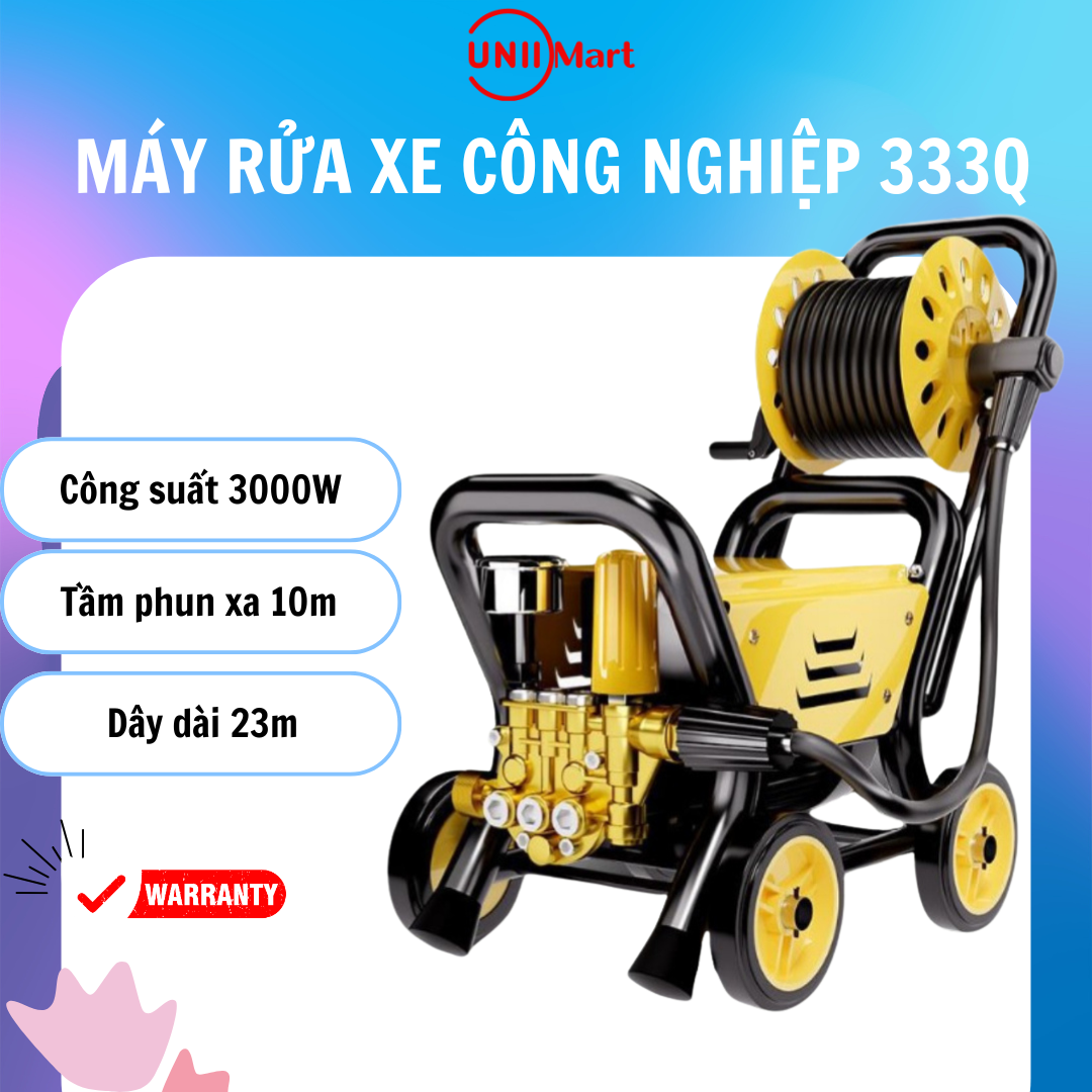 Máy Xịt Rửa Xe Công Nghiệp áp lực KAW Công Suất Lớn 3750WW Tầm Phun Xa 10M có Rulo cuốn dây và khung 4 bánh xe dây dài 23m Bảo Hành 12 Tháng