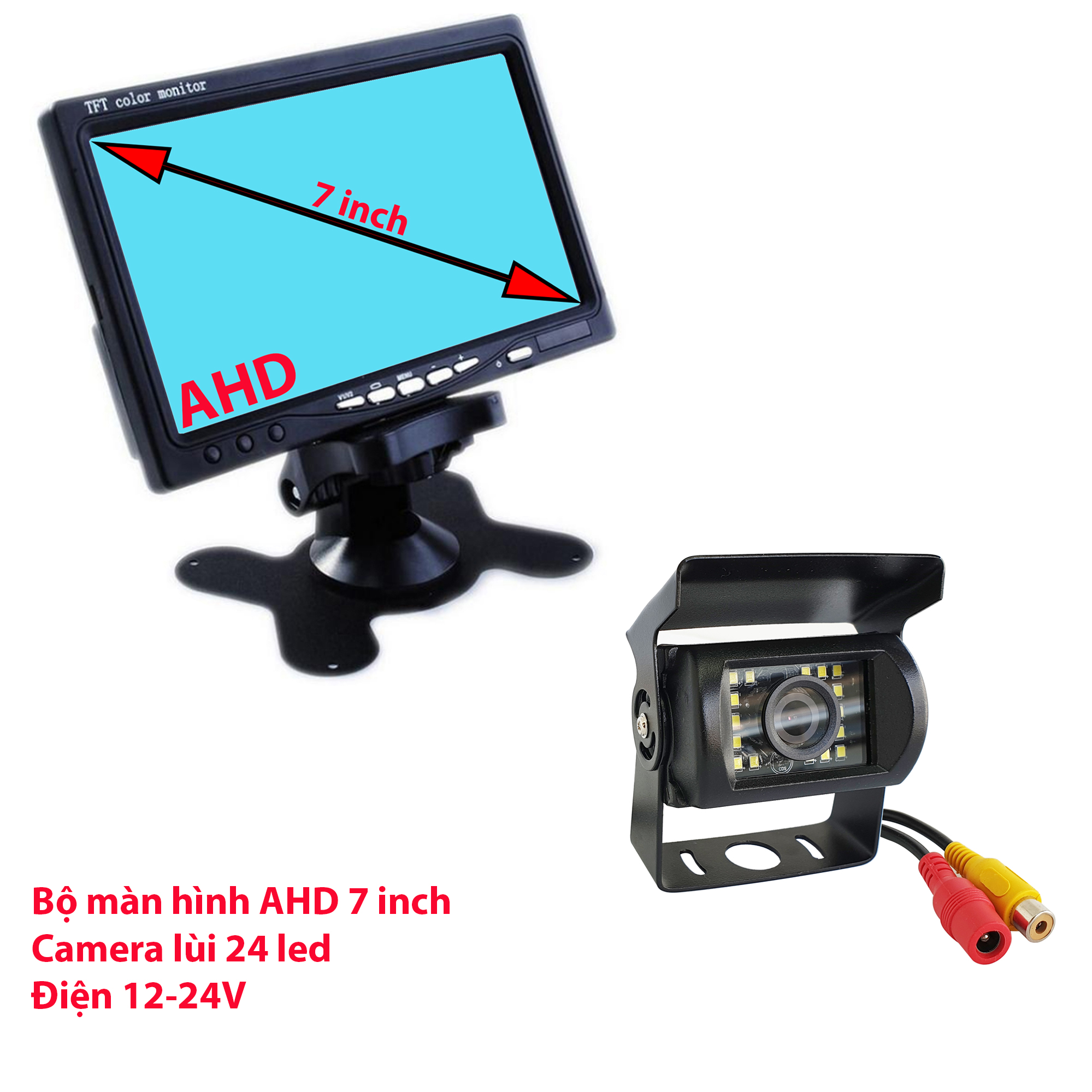 Bộ camera xe tải, xe nâng, máy xúc. màn hình ahd 7 inch, camera lùi 24 led. dùng điện 12-24v hn06
