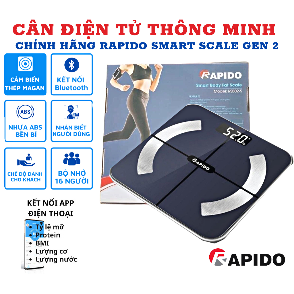 Cân rapido, cân điện tử 100kg gia đình, cân điện tử cho người - cân sức khỏe phân tích chỉ số - loại vuông, có bluetooth rsb02-s, phân tích các chỉ số cơ thể, hiểu và kiểm soát cơ thể bạn