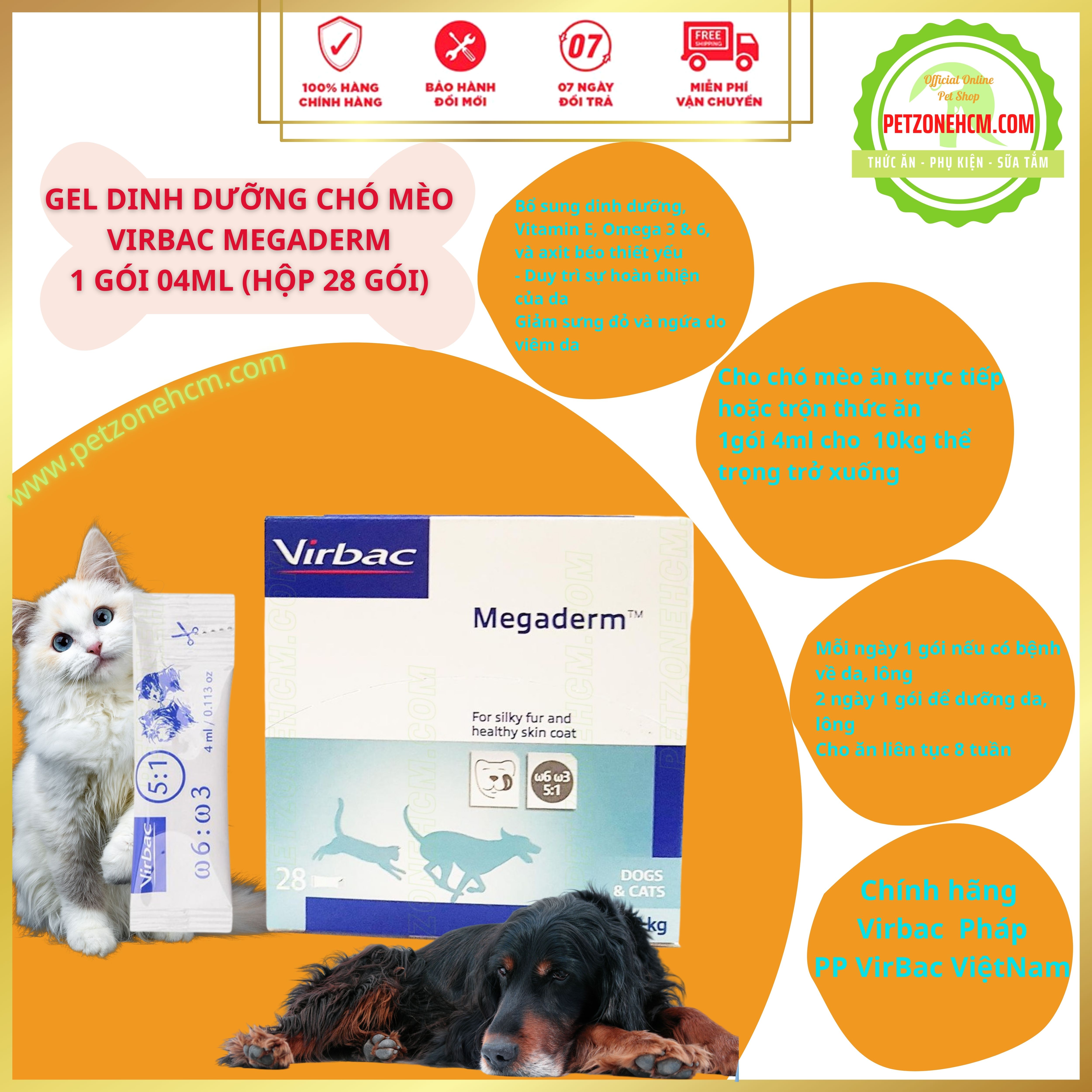 1 gói Gel dinh dưỡng mèo chó Virbac Megaderm 4ml, gel Virbac bổ sung vitamin ,dinh dưỡng,bổ sung omega, đẹp da, giảm sưng đỏ ngứa do viêm da