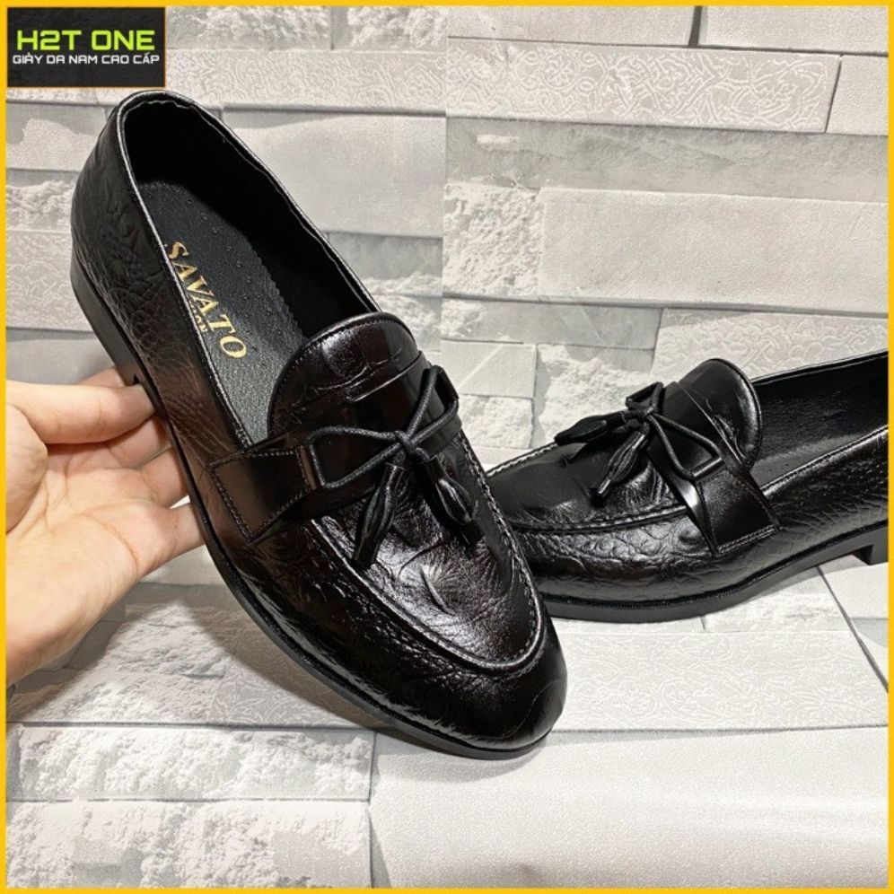 Giày lười nam chuông màu đen cao cấp mẫu da bò dập vân