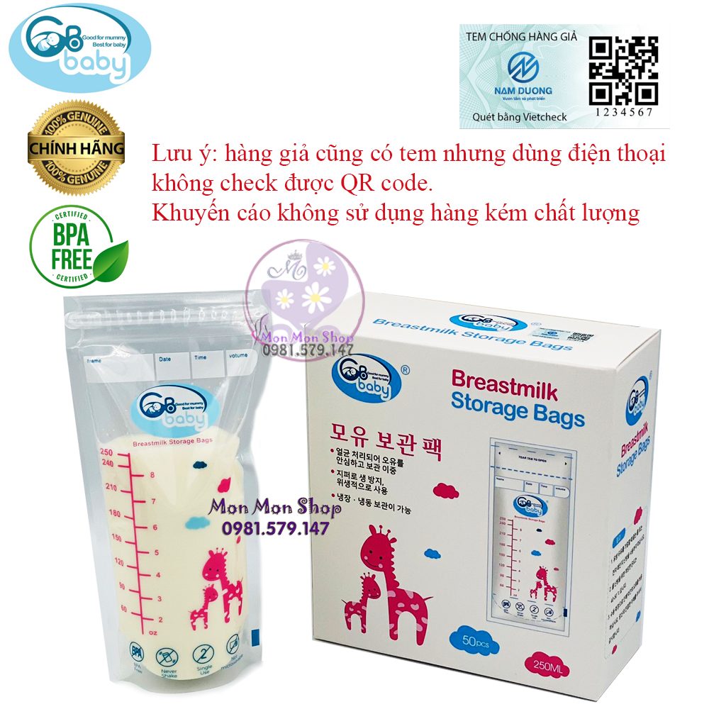 [Mẫu mới 2022 Có tem QR code chống hàng giả] Hộp 50 Túi trữ sữa mẹ, túi đựng sữa mẹ GB Baby Hàn Quốc 250ml 2 khóa zip an toàn không BPA hộp trắng hươu cao cổ
