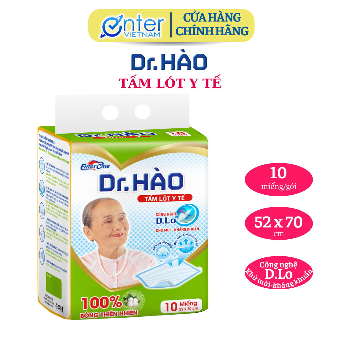 Hàng Chính Hãng Tấm Lót Y Tế Dr.Hào 10 Miếng tấm lót trải giường khổ rộng 52x70cm. Tấm trải giường hỗ trợ người bệnh người già. Miếng lót y tế kháng khuẩn chống tràn thấm hút tuyệt đối