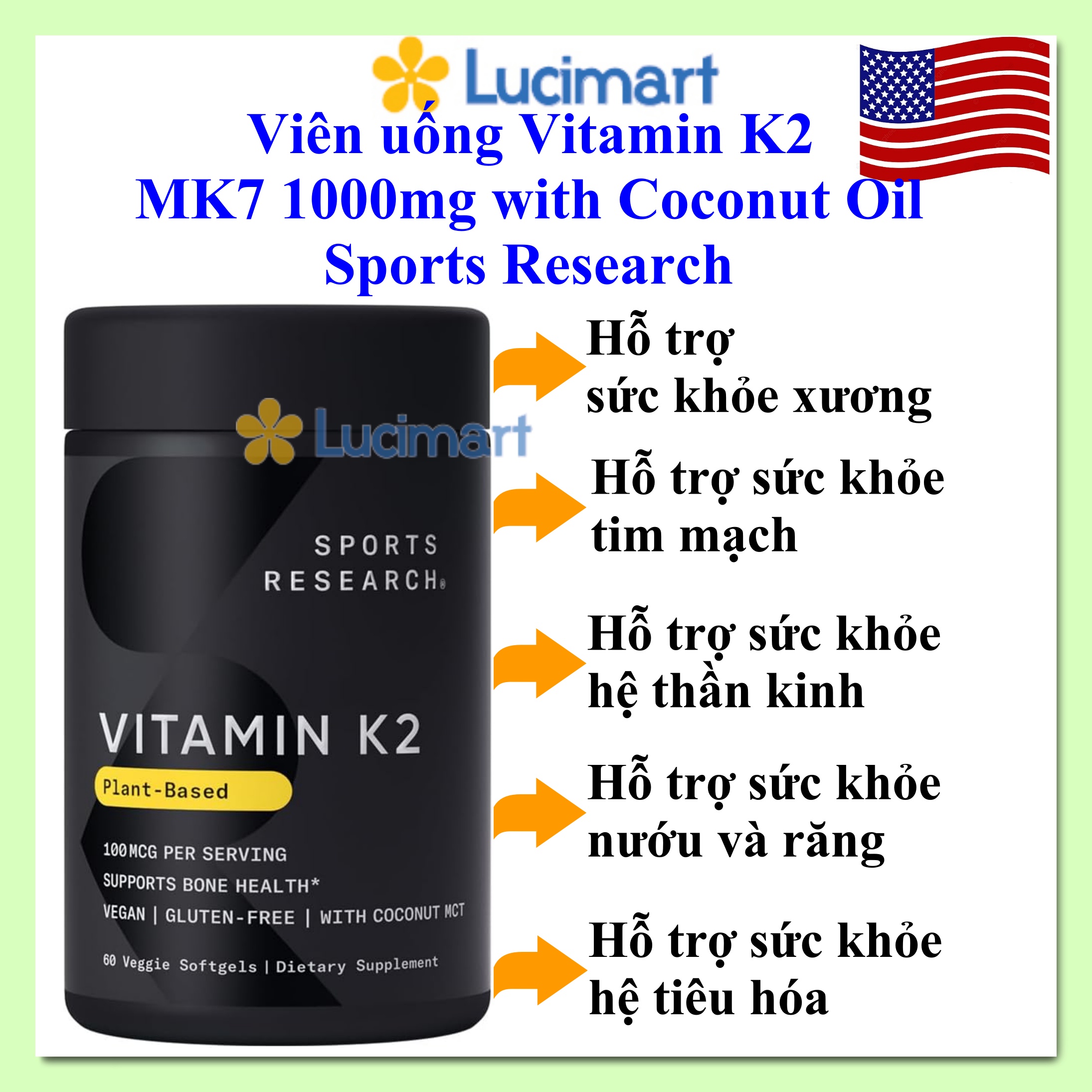 Viên uống Vitamin K2 MK7 100mg with Coconut Oil Sports Research hũ 60 viên [Hàng Mỹ]