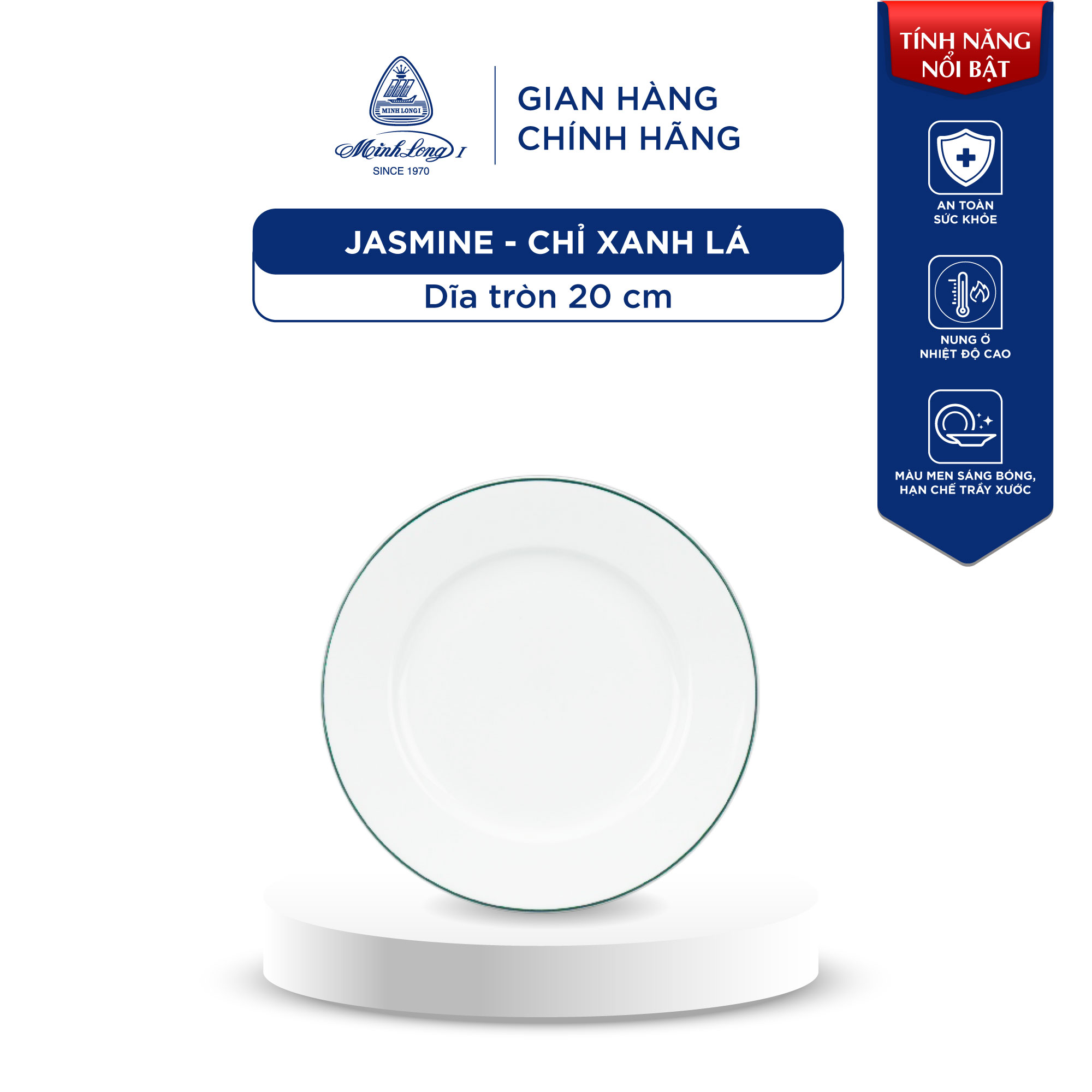 Dĩa tròn sứ minh long 20 cm - jasmine - chỉ xanh lá
