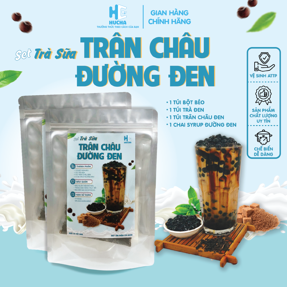 Sét trà sữa trân châu đường đen nấu tại nhà đậm vị trà béo ngậy của vị sữa kết hợp đường đen, sét nguyên liệu - HUCHA
