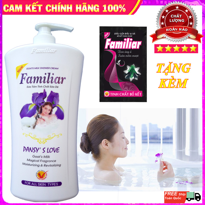 Sữa Tắm Tinh Chất Sữa Dê, Tinh chất Ngọc Trai và Vitamin E PANSY'S LOVE 1200ml, 250ml [TẶNG NGAY] 1 Dây Dầu Gội Bồ Kết Familiar 12 Gói 5ml