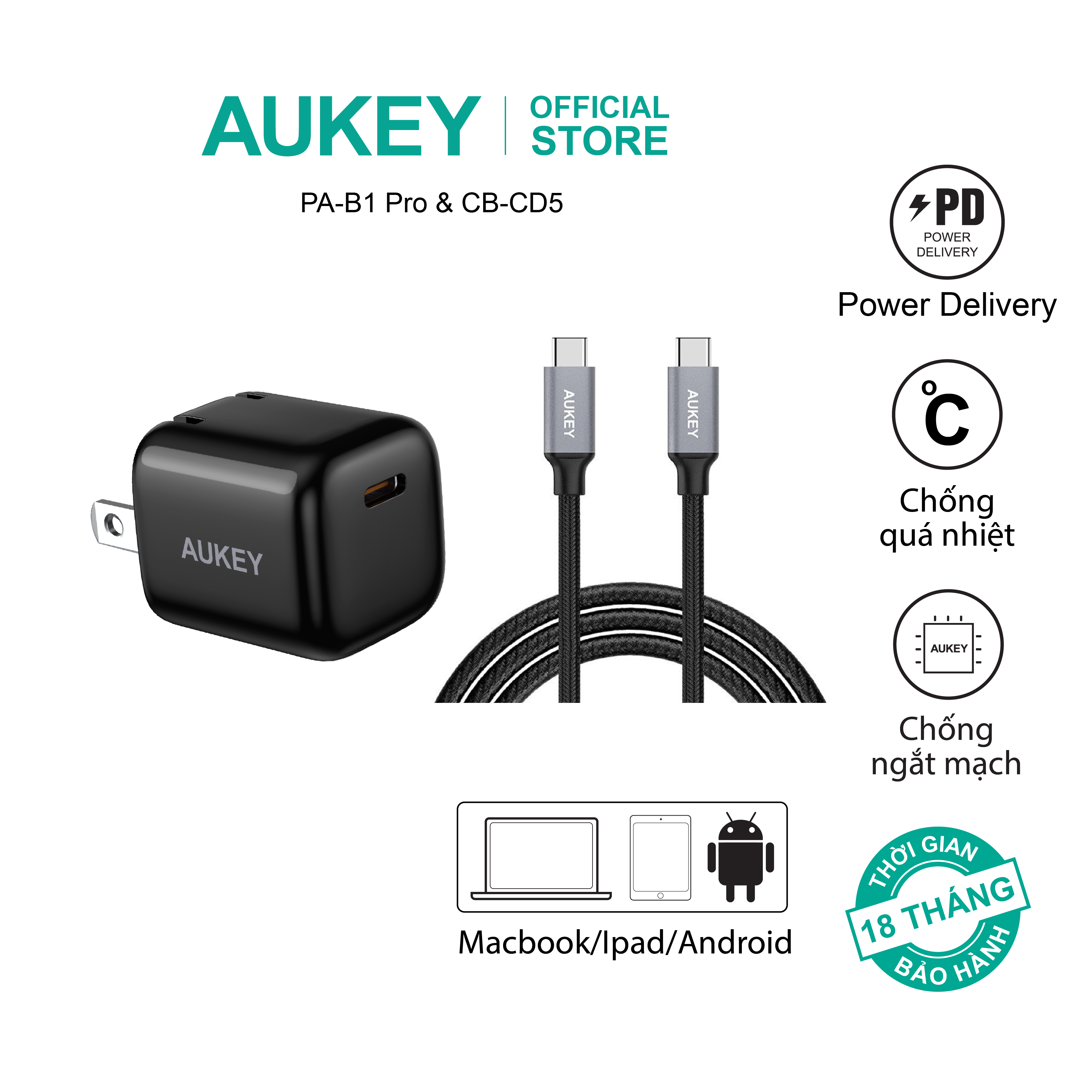 Combo bộ sạc Aukey cho Macbook, ipad, thiết bị Android củ sạc PA