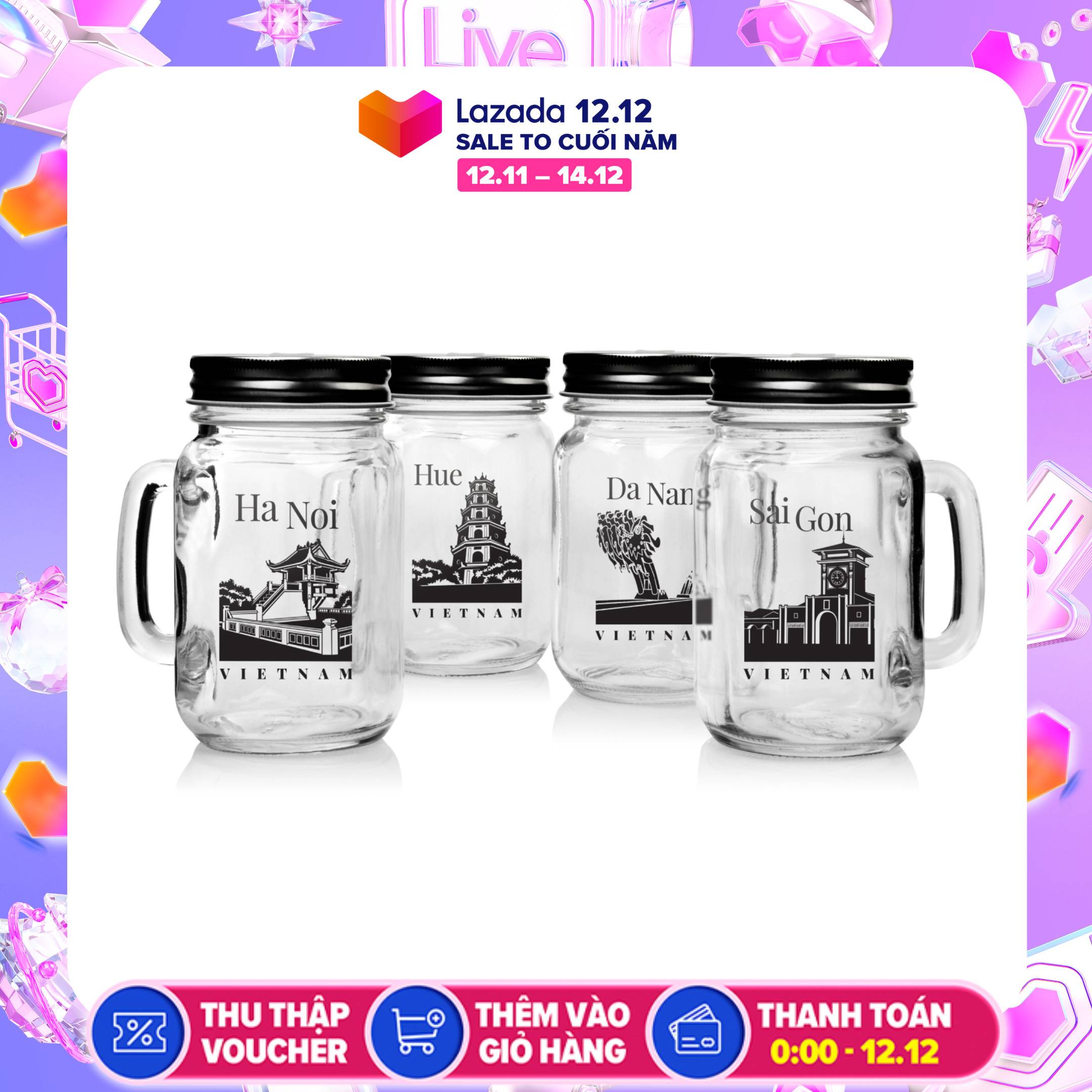 Set 4 ly quai thủy tinh 450ml camdaco glass ware chủ đề tôi yêu việt nam