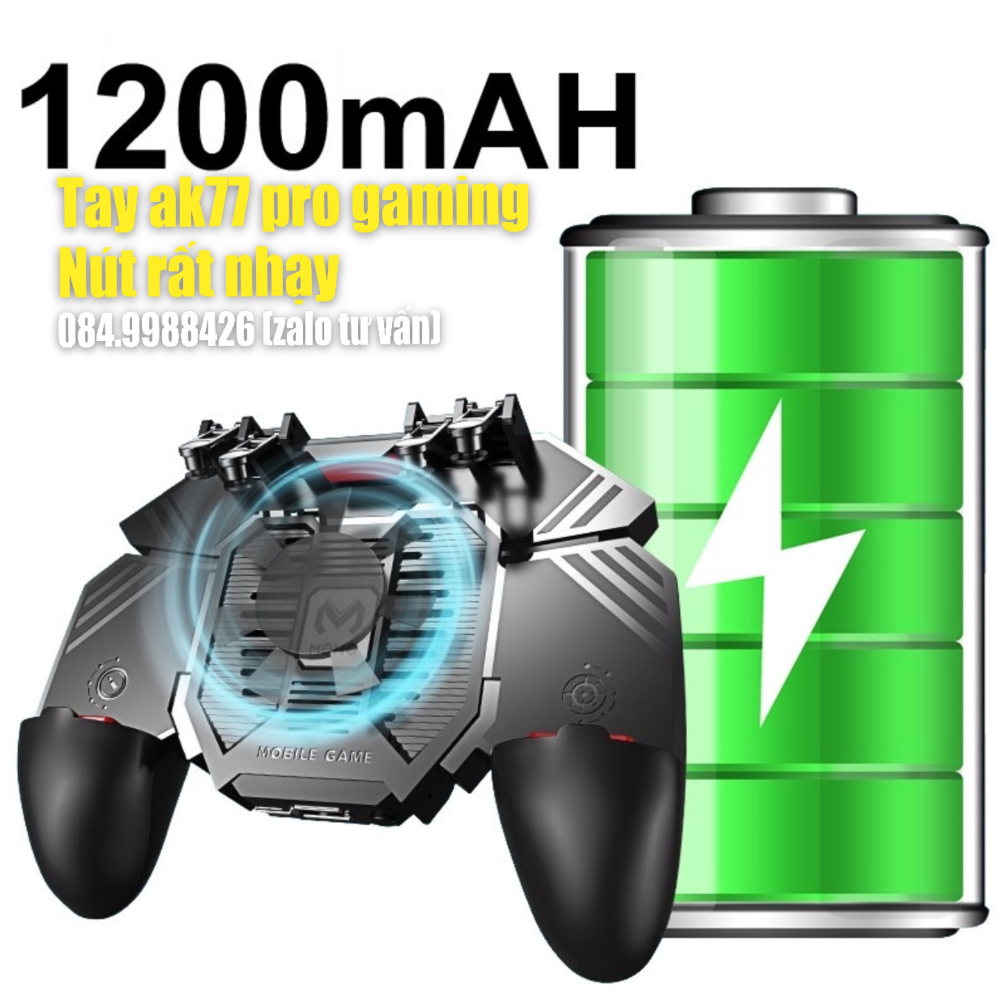 Tay cầm chơi game pubg Memo Ak77 6 ngón bản thi đấu có quạt tản nhiệt pin 1200mah kiêm sạc dự phòng