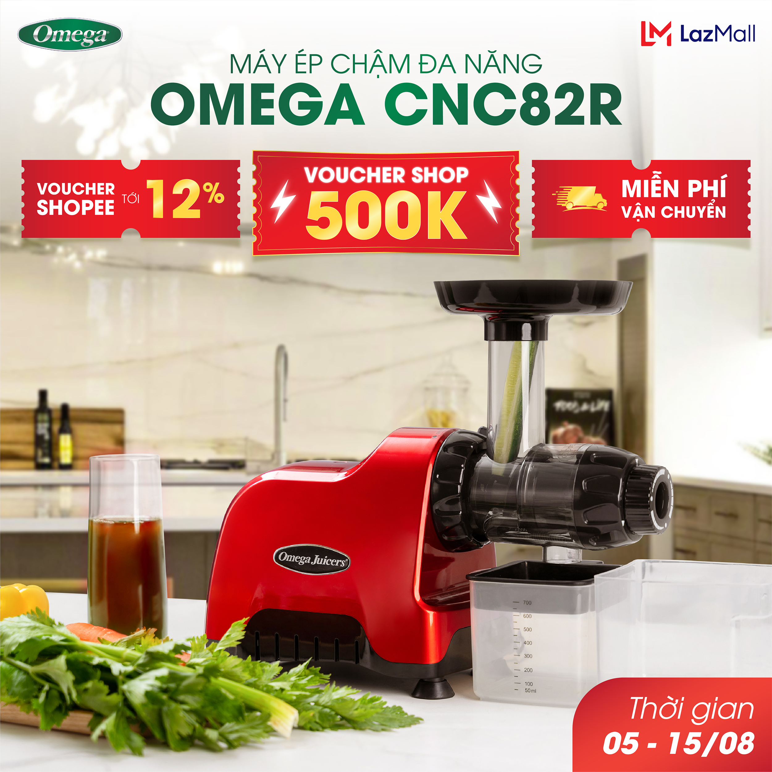 Máy ép chậm trục ngang Omega CNC82R - Công suất 200W. Ép rau củ quả, làm kem, làm mỳ sợi, sữa hạt