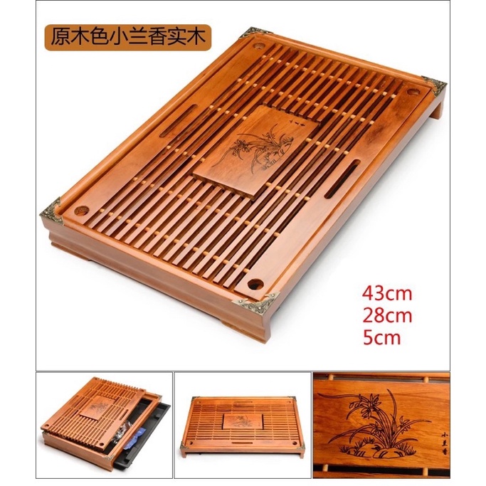 Khay đựng ấm chén khay trà nẹp đồng vân nổi 4 góc bằng tre giả gỗ kích thước 43x28x5cm