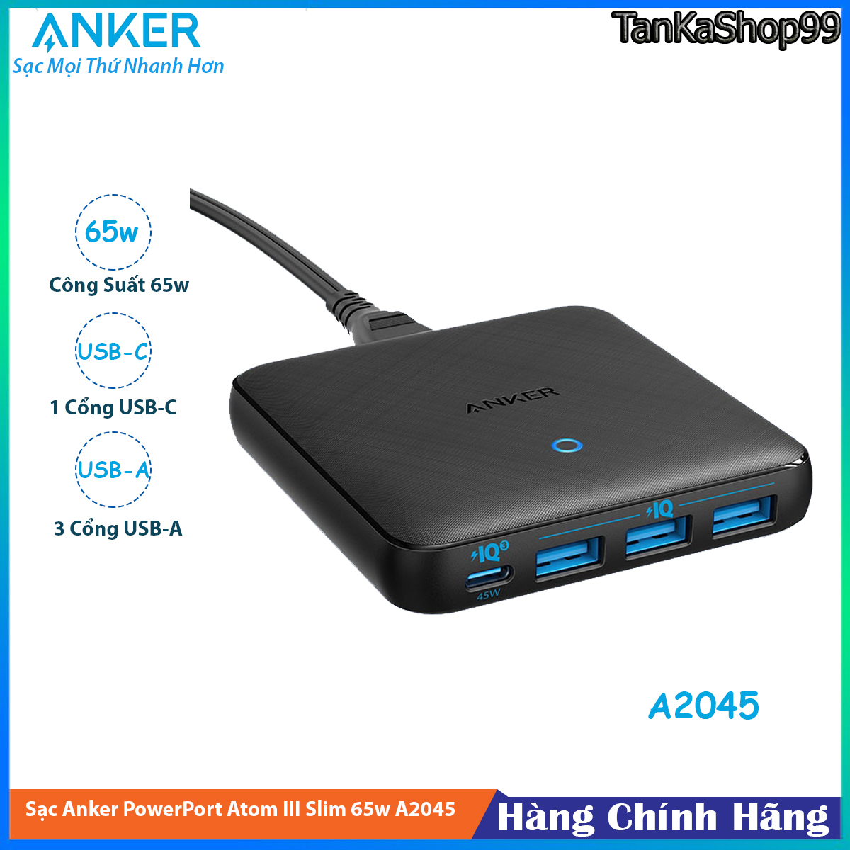 Sạc ANKER PowerPort Atom III Slim 65W vật liêu GaN - Công Nghệ IQ3 A2045 - 4 cổng sạc