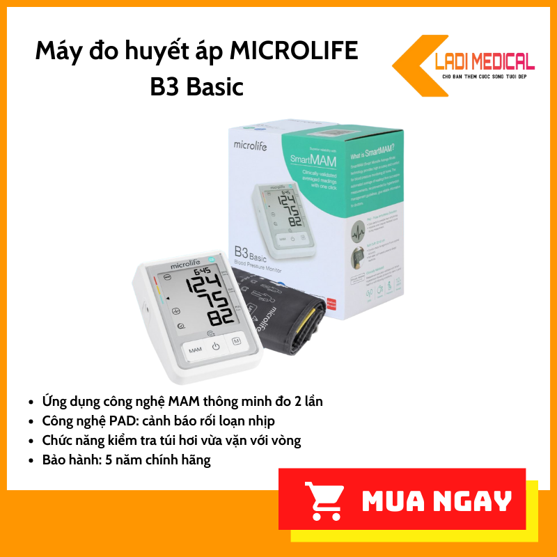 Máy đo huyết áp bắp tay microlife b3 basic công nghệ mam thông minh đo 2 lần