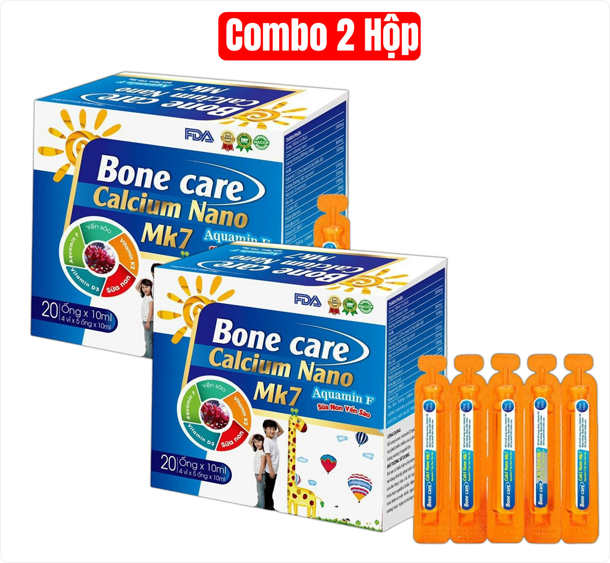 Combo 2 hộp-Canxi tăng chiều cao Bone Care Calcium Nano MK7 Bổ sung Sữa non
