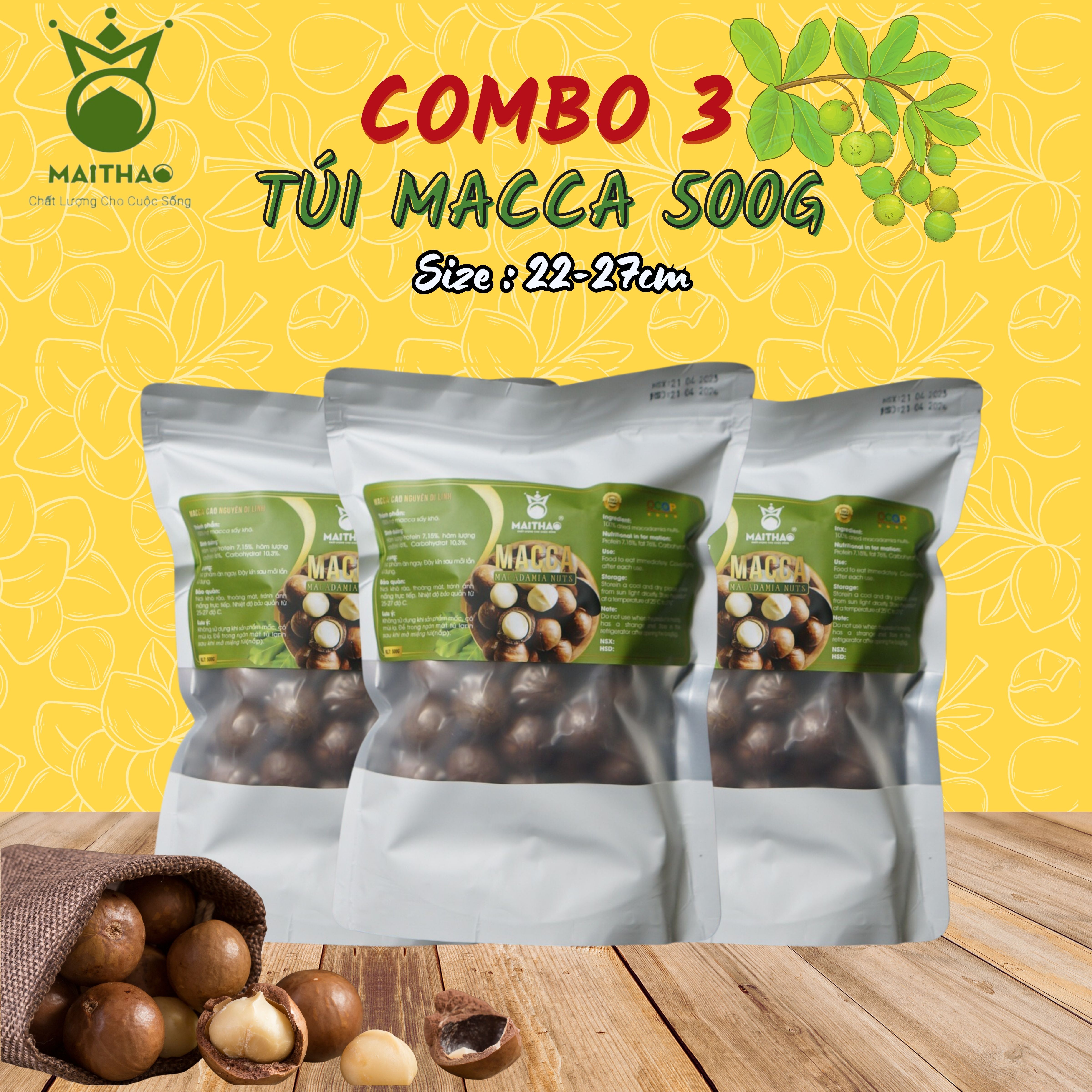 Combo 3 túi Hạt mắc ca sấy vùng Cao Nguyên Lâm Đồng - Mai Thao túi 500g (Loại 2) - Size 22-27mm