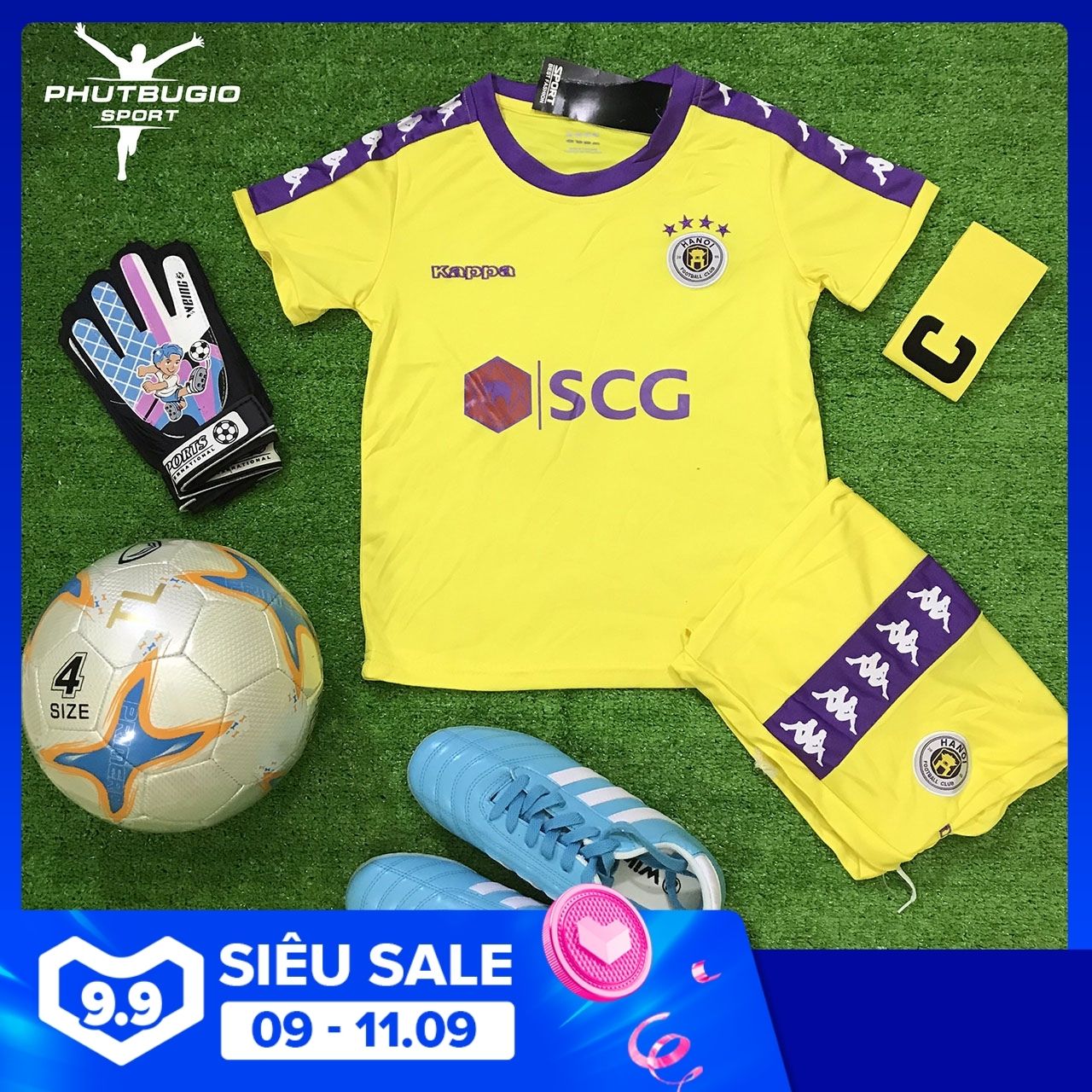 [ẢNH THẬT] Bộ quần áo đá bóng trẻ em, đá banh trẻ em CLB Hà Nội mới nhất Phút Bù Giờ Sport