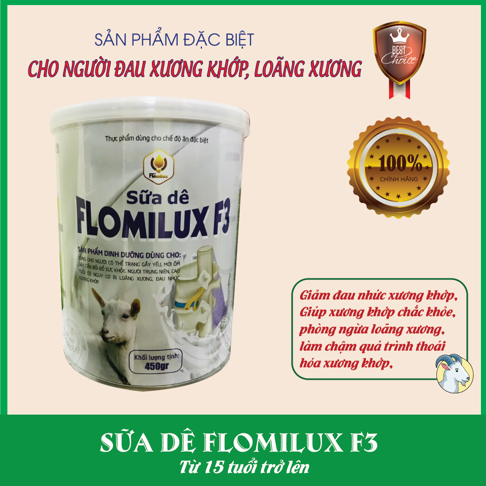 Sữa dê Flomilux F3 (800g). Dùng cho người gầy yếu, mới ốm dậy, bồi bổ sức khỏe, người có nguy cơ bị loãng xương, đau nhức xương khớp. Sữa dê nguyên liệu nhập khẩu Hà Lan