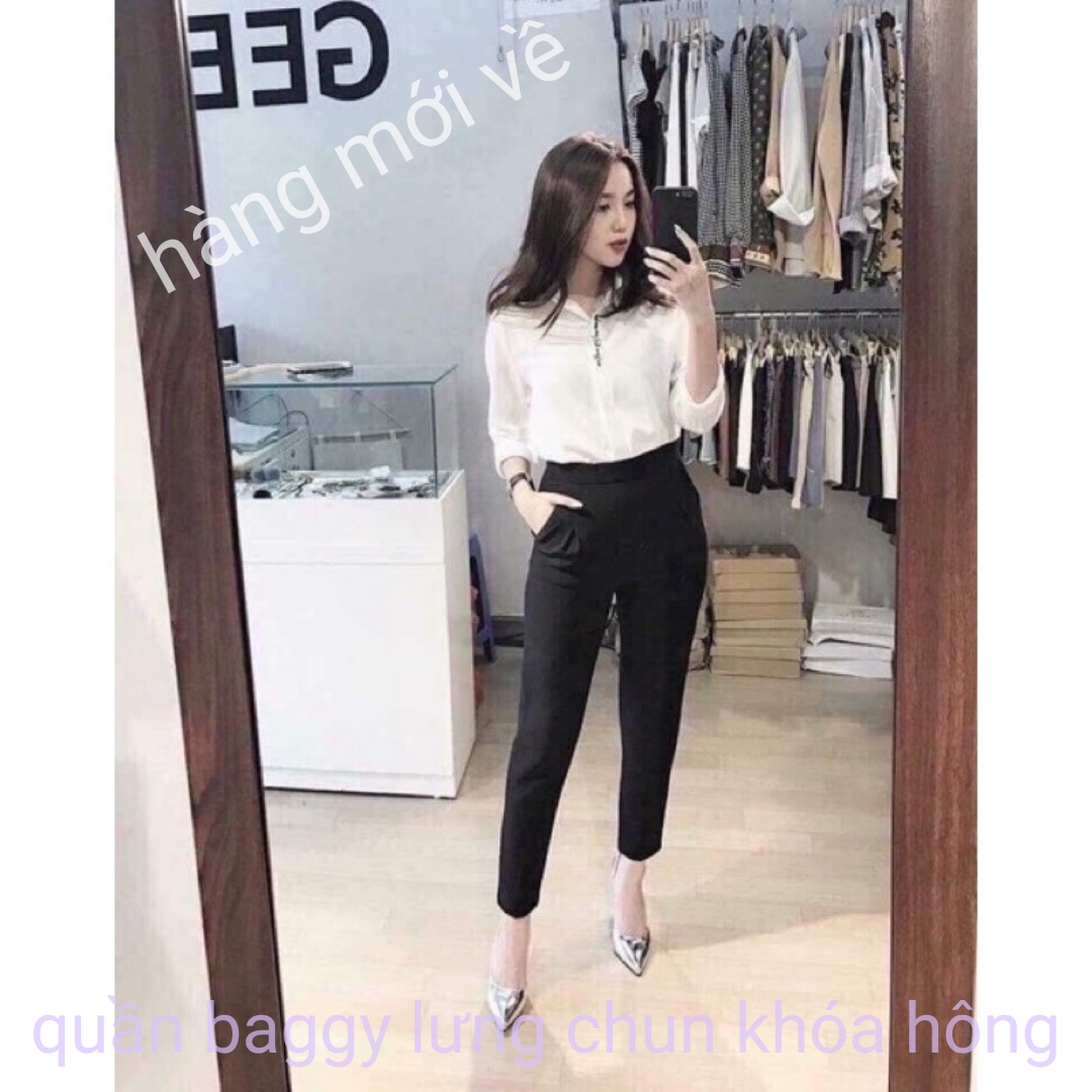 Quần tây baggy khóa sườn lưng chun cạp cao thước đo eo siêu xinh